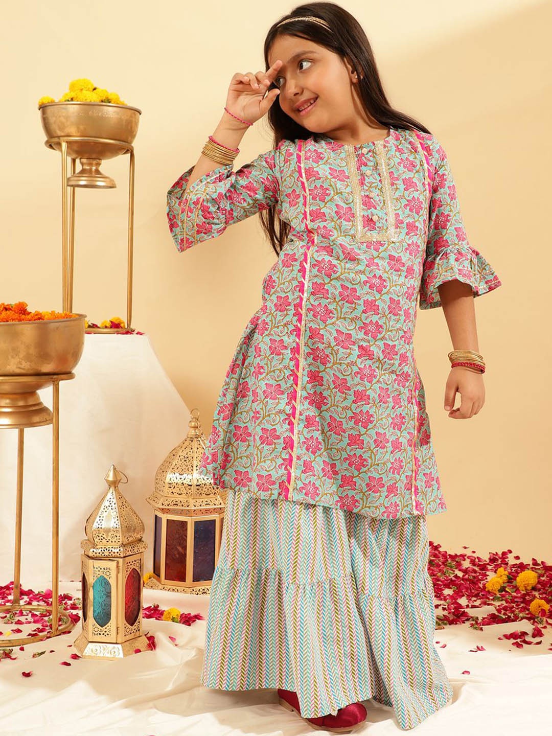

BANDIA Girls Floral Printed Regular Gotta Patti Pure Cotton Straight Kurta with Sharara, Sea green