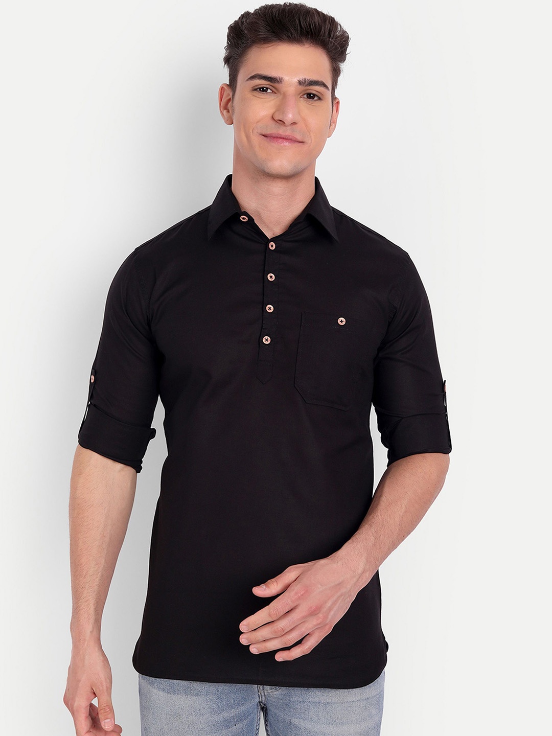

univibe Roll-Up Sleeves Pure Cotton Short Kurta, Black