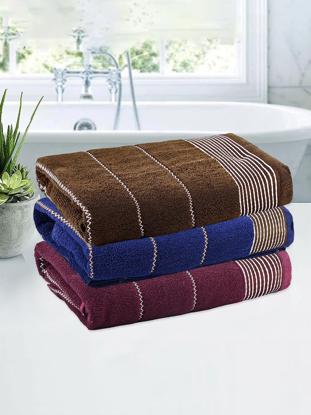 

Kuber Industries Maroon & Blue 3 Pieces Striped Cotton 450 GSM Bath Towel