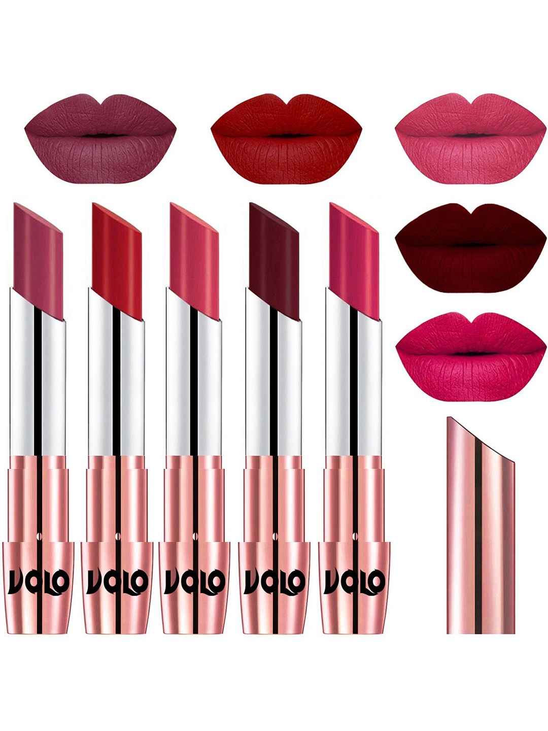 

VOLO Set Of 5 Creme Matte Lipsticks-Rose Pink-Tomato Red- Pink -Maroon-Passion Pink