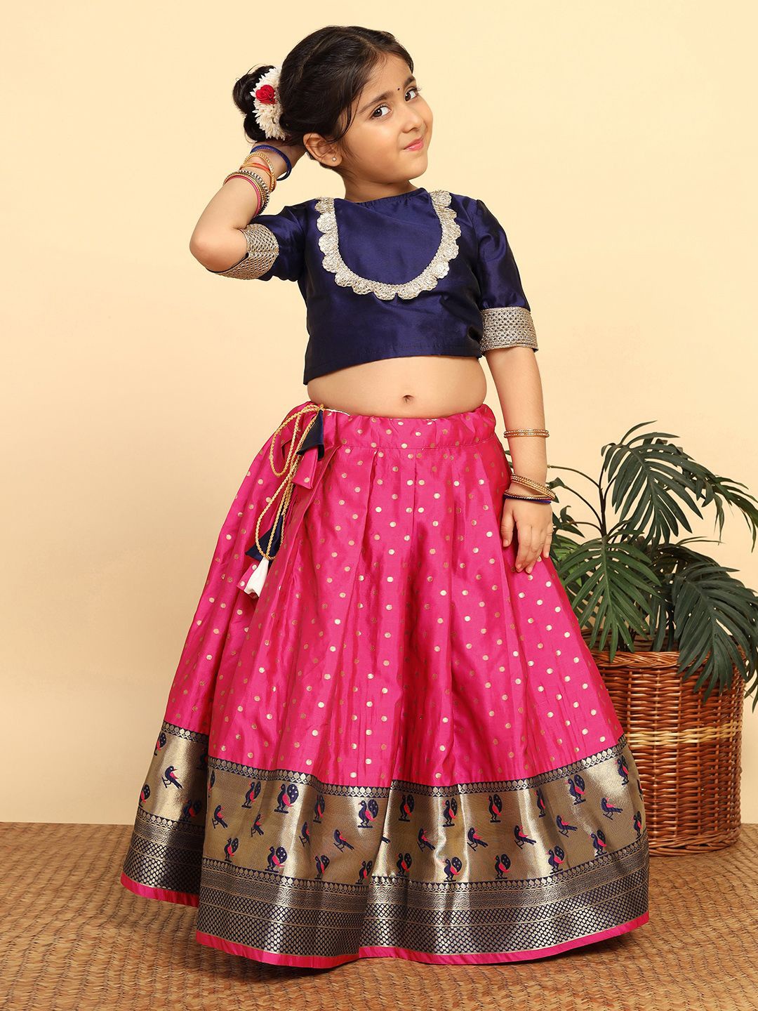 

BAESD Girls Embroidered Silk Ready to Wear Lehenga & Blouse, Navy blue