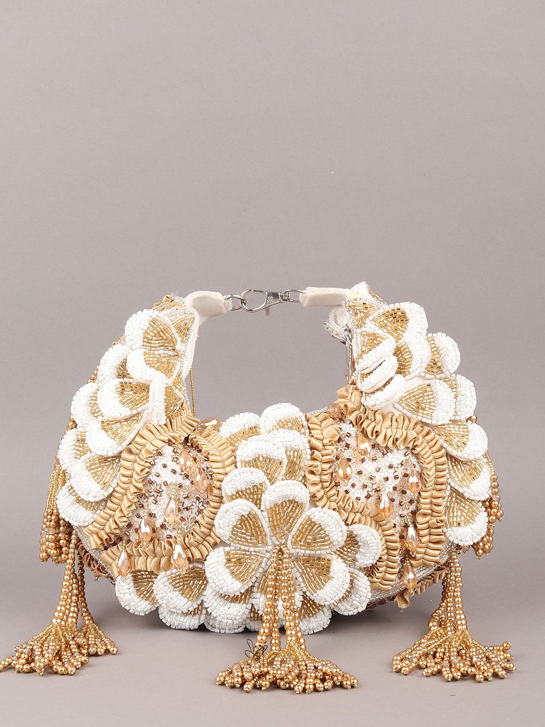 

ODETTE Embellished Tasseled Half Moon Clutch, White