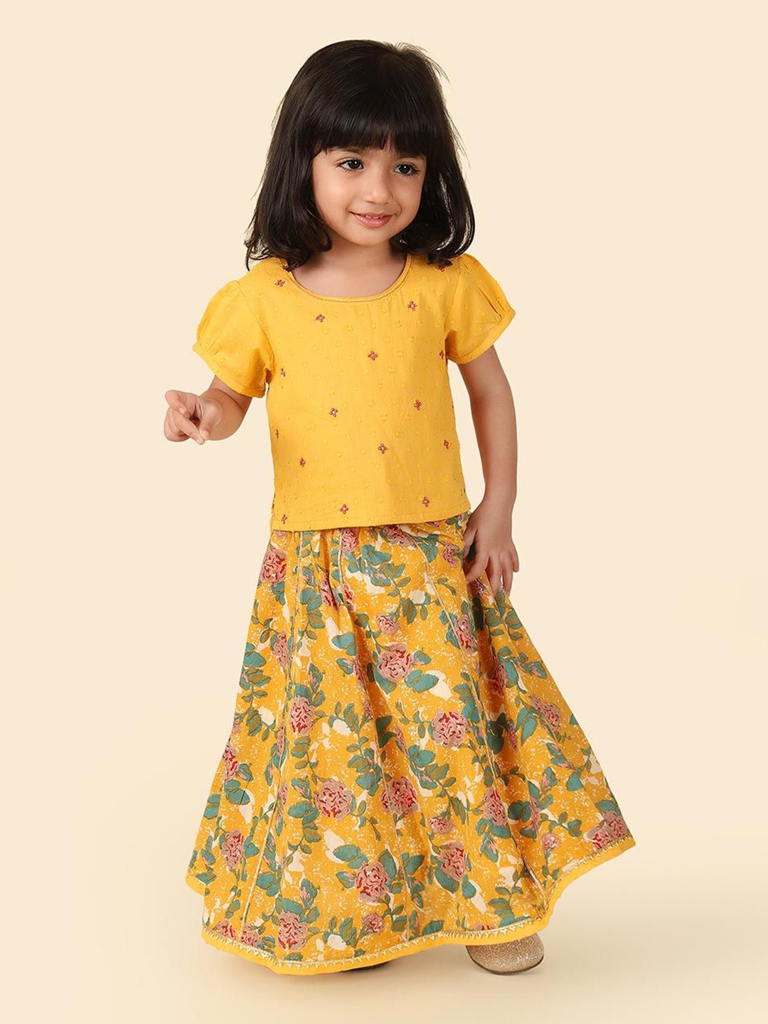 

Fabindia Girls Embroidered Cotton Ready to Wear Lehenga & Choli, Yellow