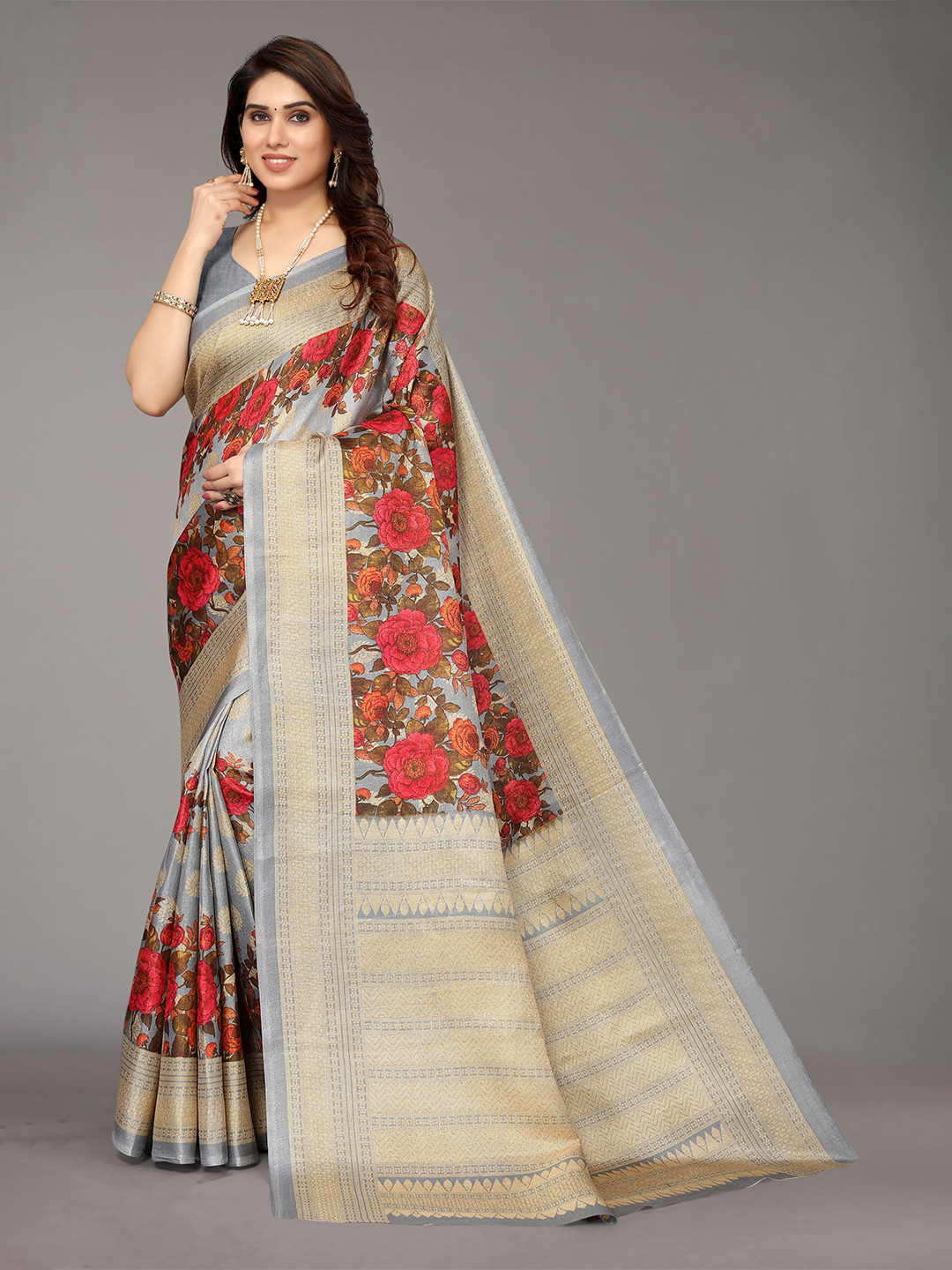 

VIRICA Floral Printed Zari Woven Design Saree With Blouse Piece, Grey