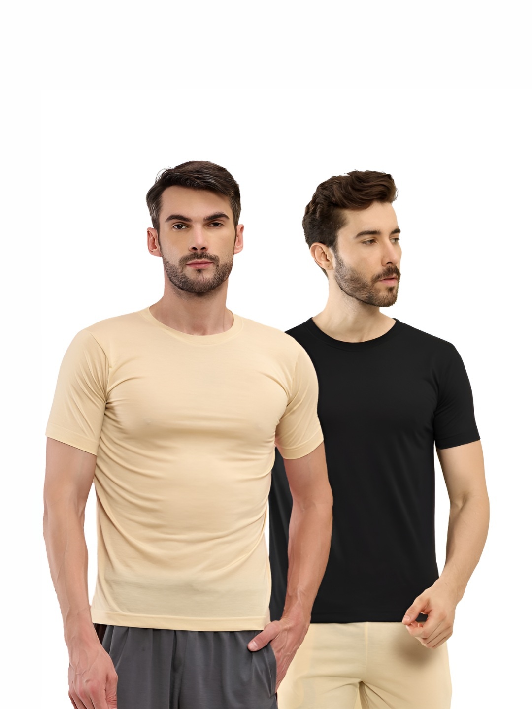 

T.T. Men Pack Of 2 Solid Round Neck Slim Fit T-shirts, Beige