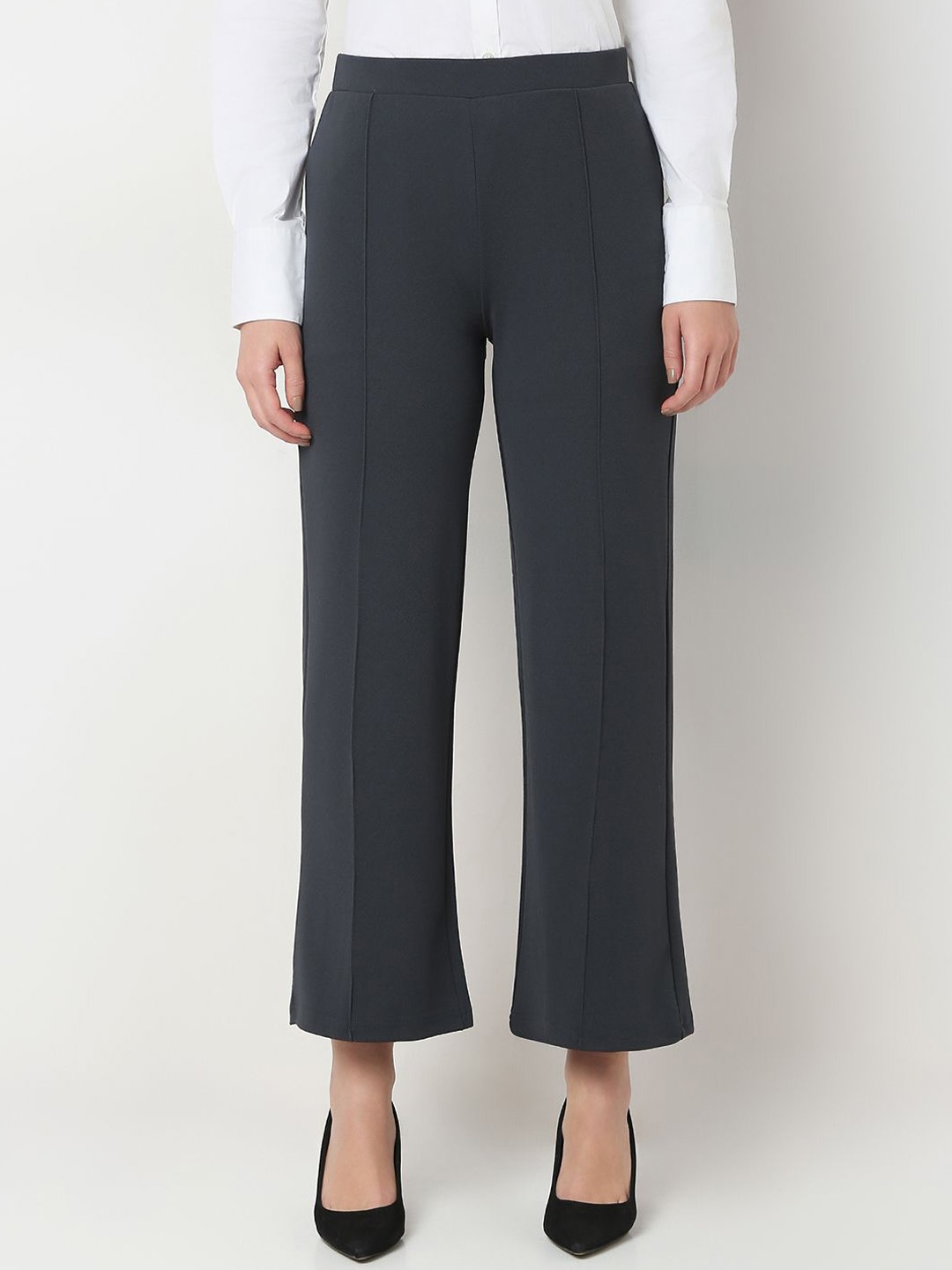 

Smarty Pants Women Textured Comfort Flared Lint Free Formal Trousers, Charcoal