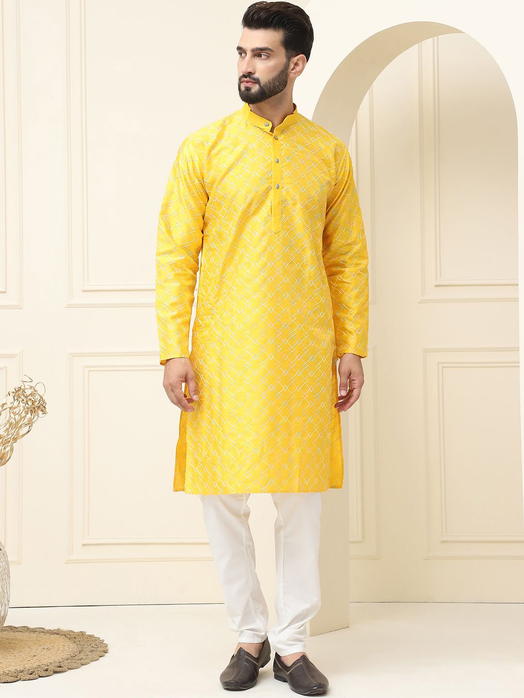

SOJANYA Geometric Embroidered Thread Work Silk Cotton Straight Kurta with Pyjamas, Mustard
