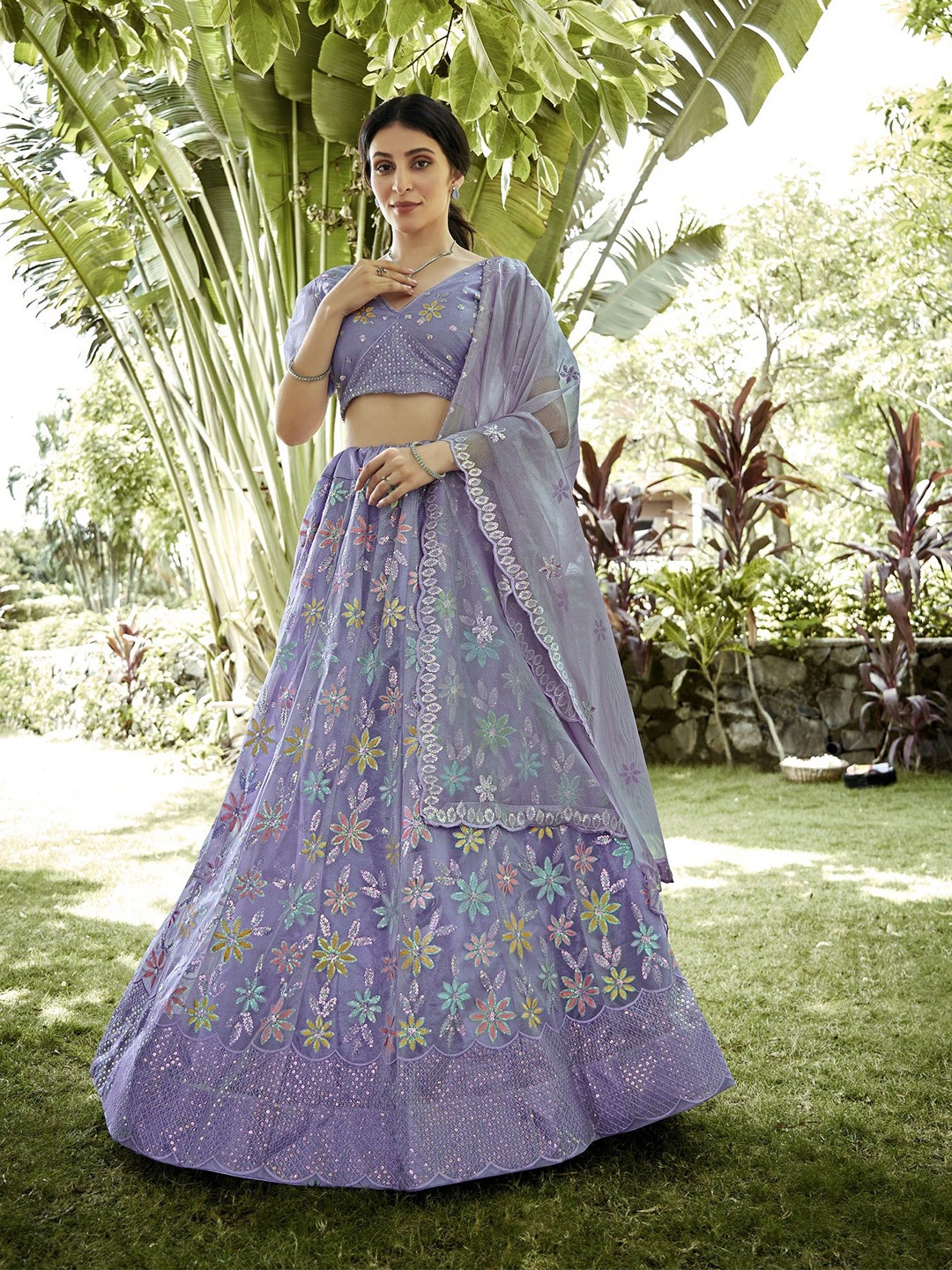 

KALINI Embroidered Sequinned Net Semi Stitched Lehenga & Unstitched Blouse With Dupatta, Purple