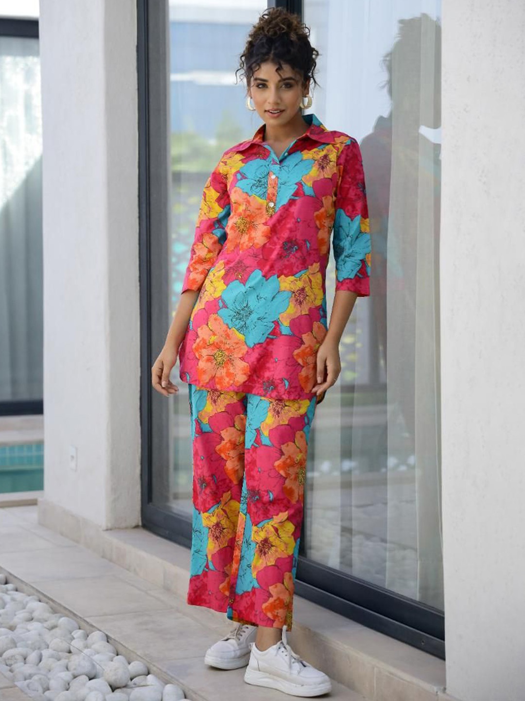 

FLAVIA CREATION Floral Printed Shirt Collar Pure Cotton Shirt & Trousers, Pink