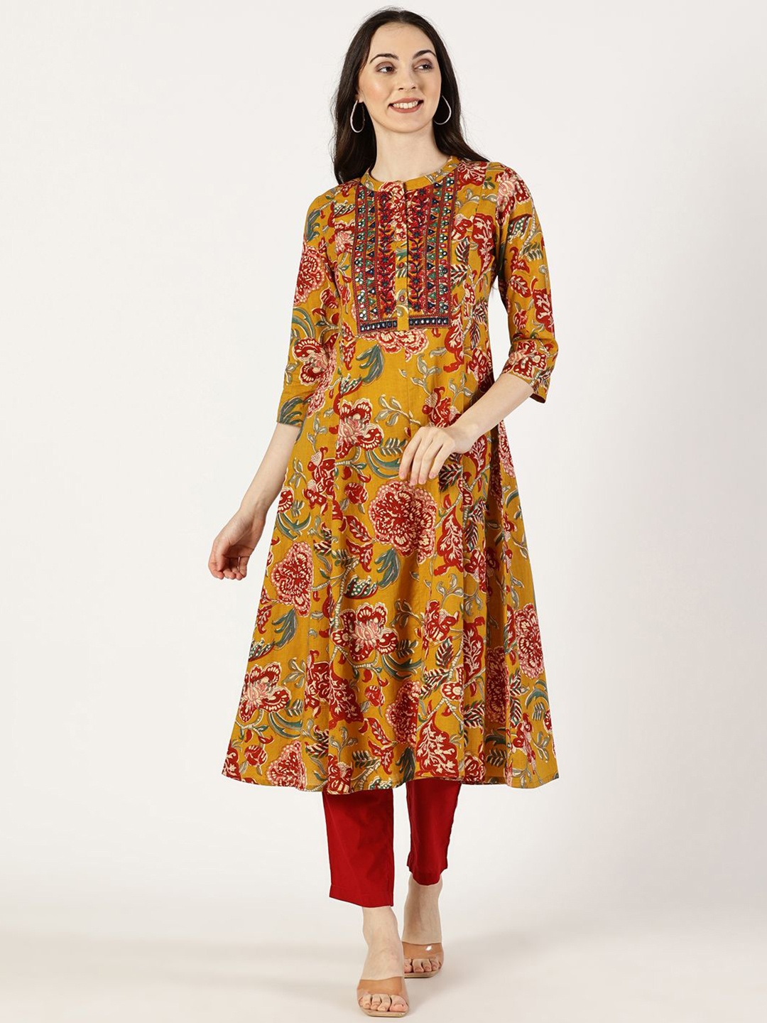 

Saffron Threads Floral Printed Mirror Work Mandarin Collar Pure Cotton A-Line Kurta, Mustard