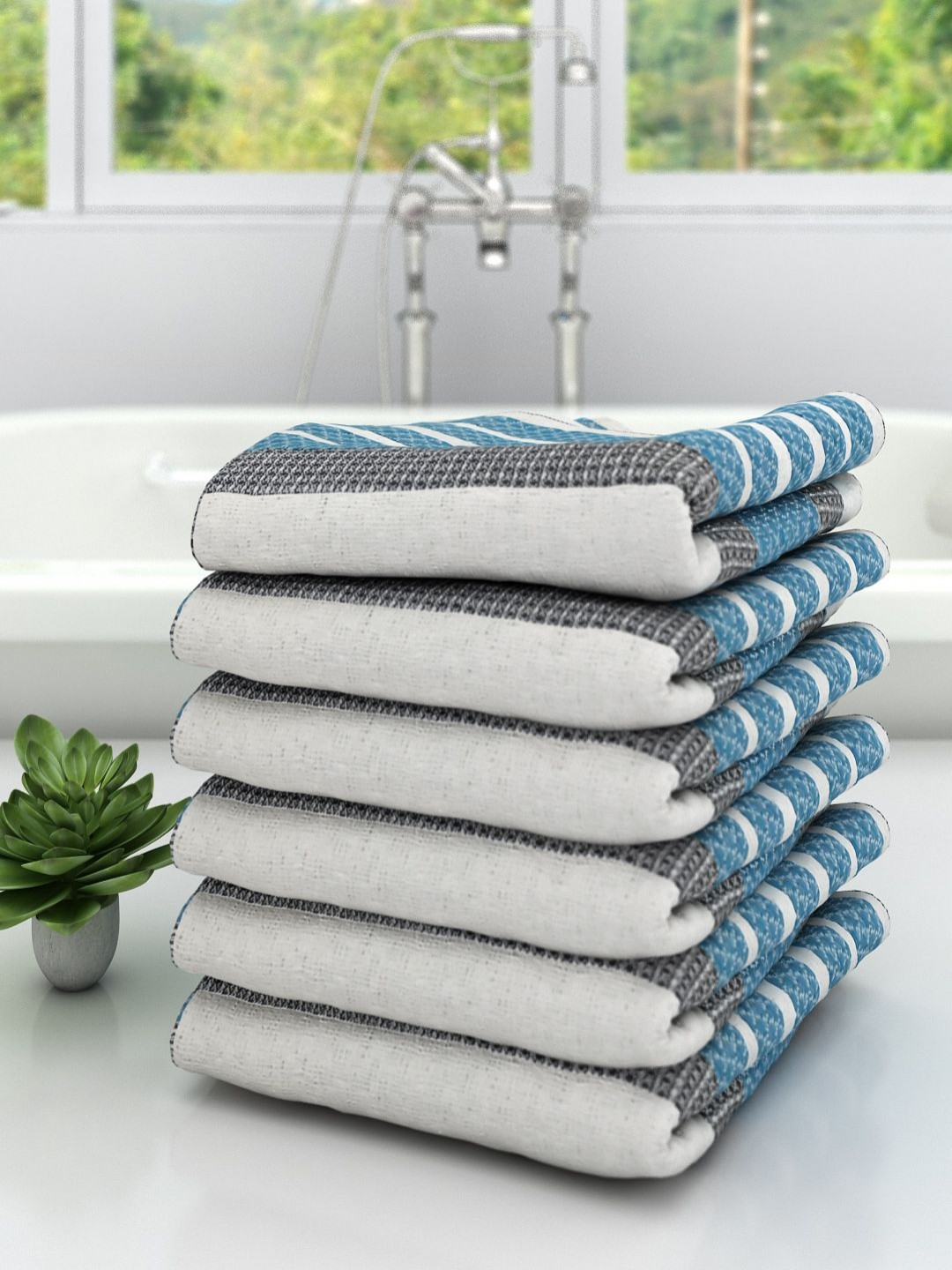 

Aura White & Blue 6 Pieces Printed Cotton 210 GSM Bath Towels