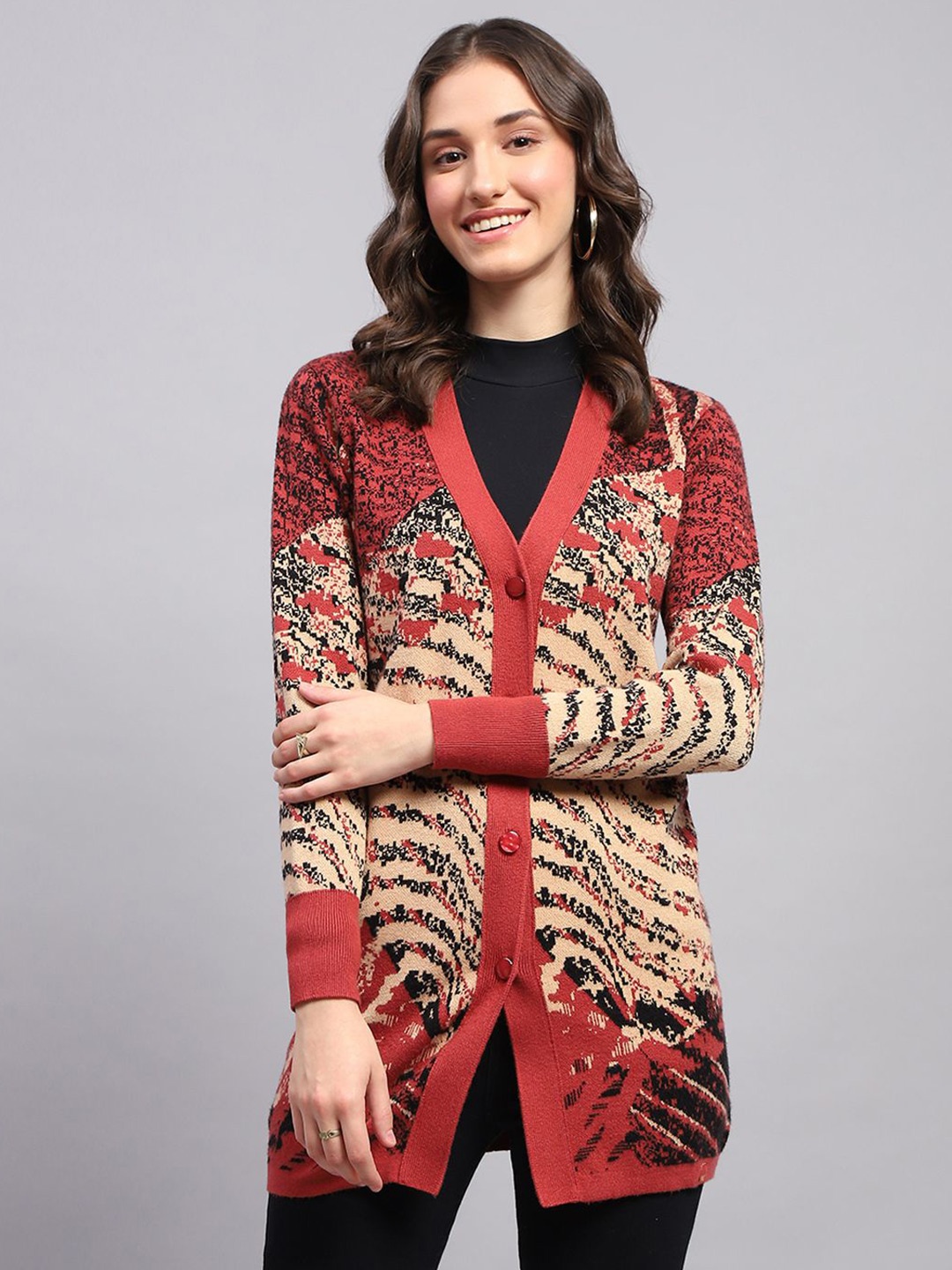 

Monte Carlo Women Self Design V-Neck Long Sleeves Woollen Cardigan, Red