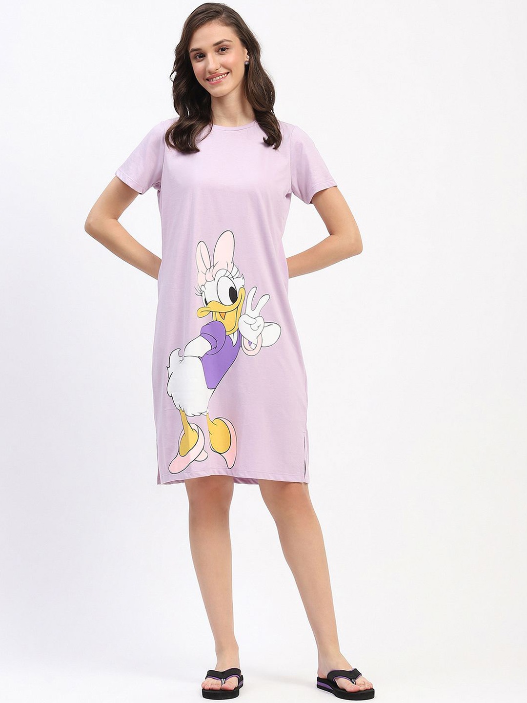 

MADAME M SECRET Cartoon Printed Pure Cotton Nightdress, Purple