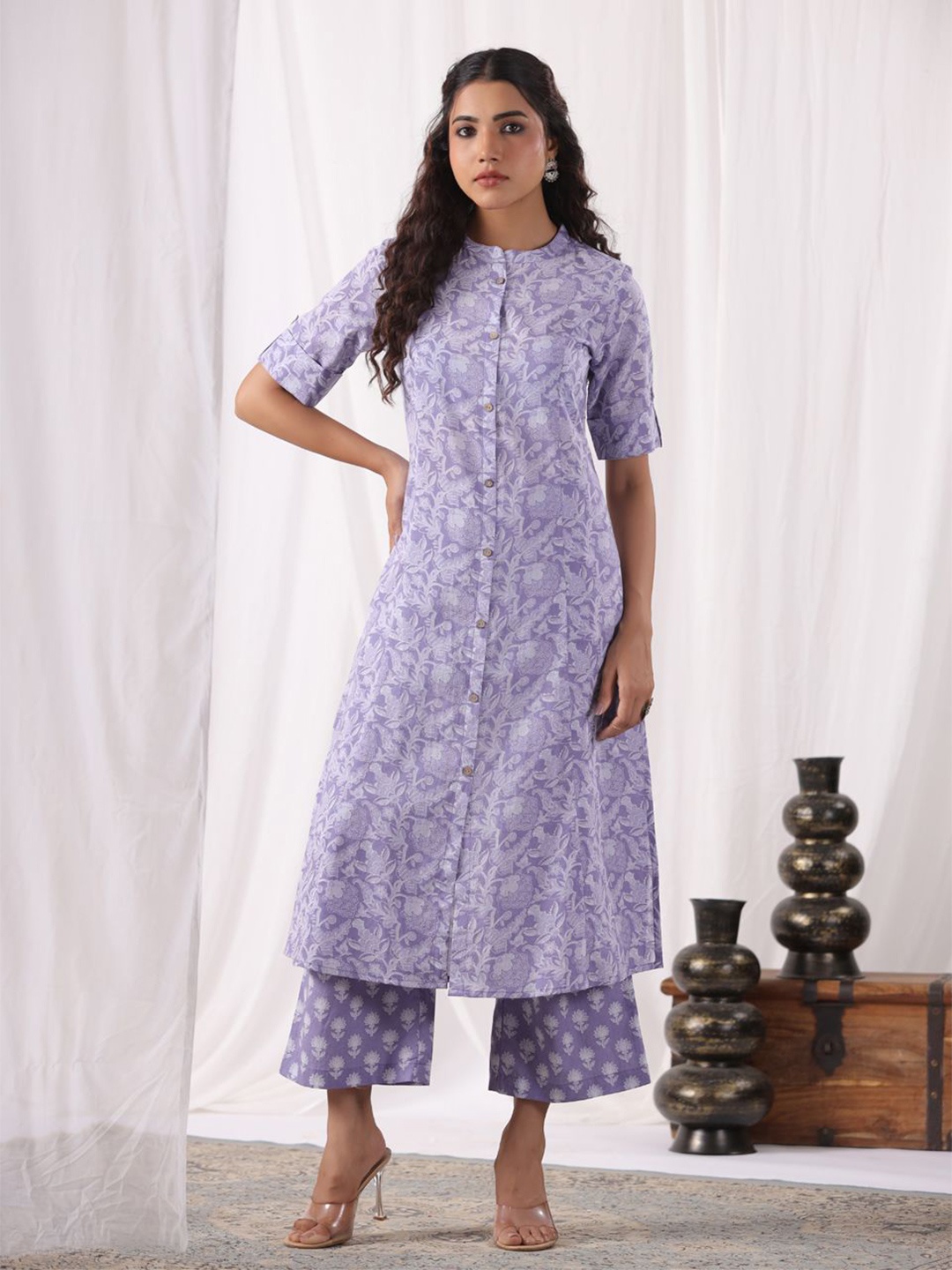 

PIROH Floral Printed Mandarin Collar Pure Cotton A-Line Kurta with Trousers, Lavender