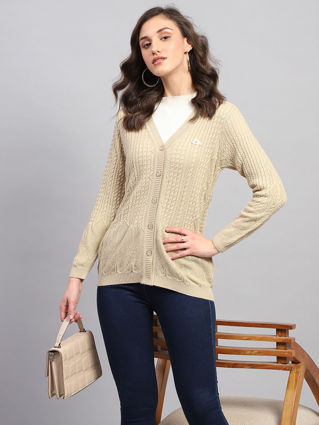 

Monte Carlo Women Ribbed Woollen Cardigan, Beige