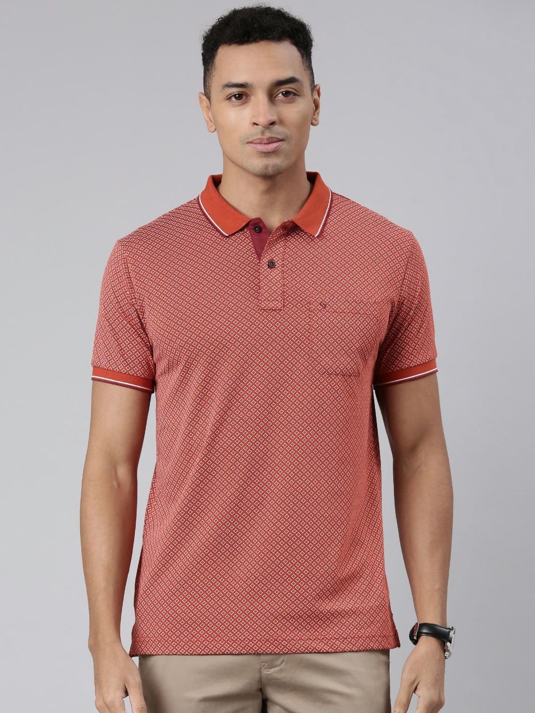 

Classic Polo Men Geometric Printed Polo Collar Cotton Slim Fit T-shirt, Red