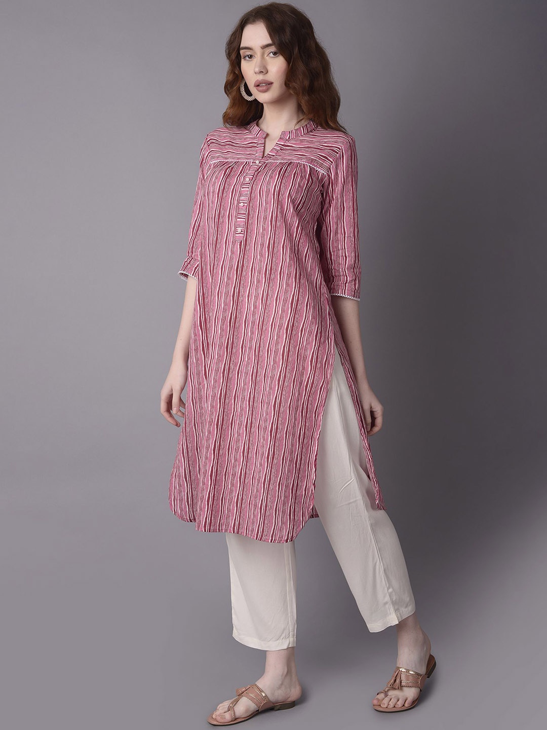 

Shree Striped Mandarin Collar Cotton Straight Kurta, Pink