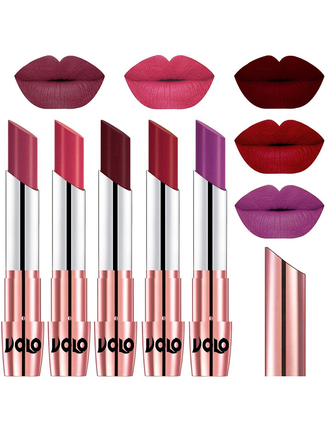 

VOLO Set Of 5 Creme Matte Lipstick -3.5g Each - Rose Pink -Pink- Maroon -Red- Purple