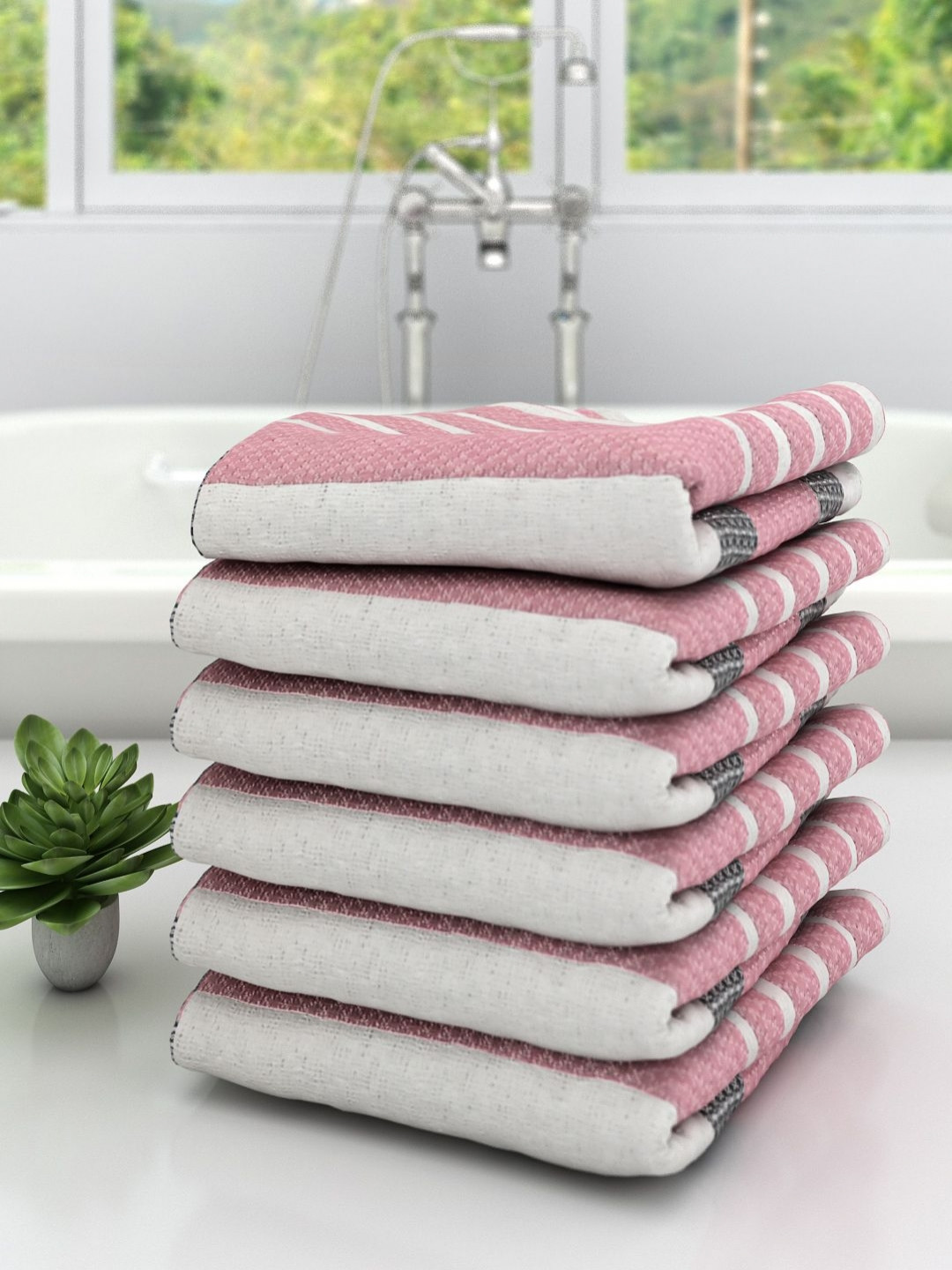 

Aura White & Pink 6 Pieces Striped Pure Cotton 210 GSM Bath Towels