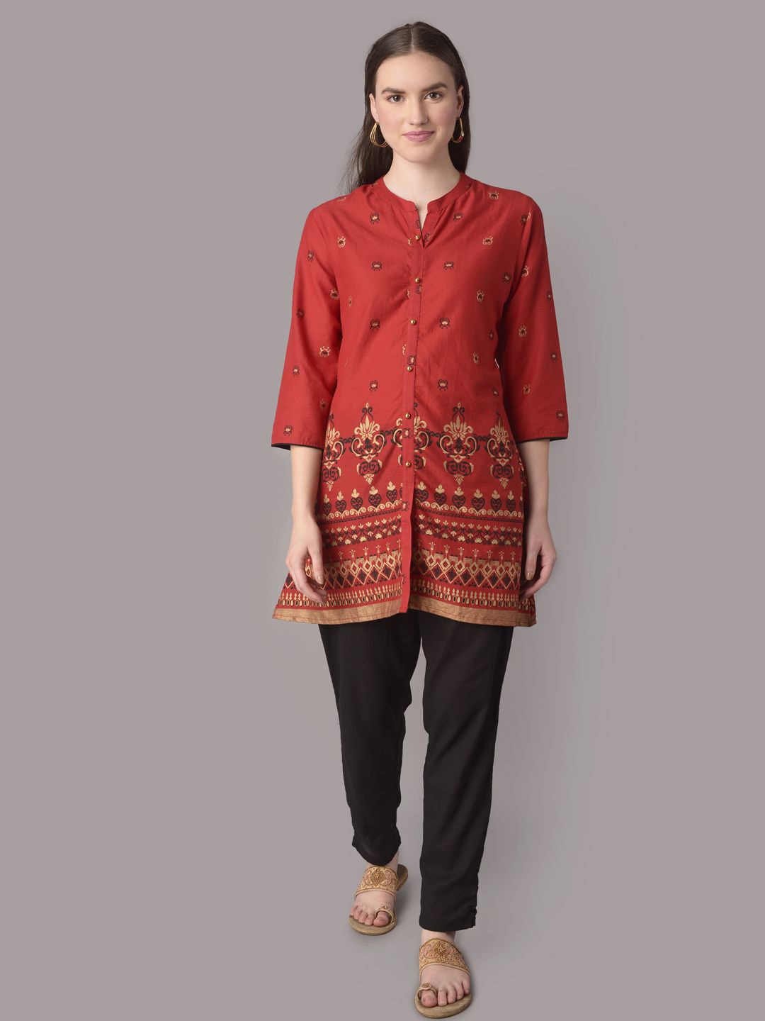 

Shree Mandarin Collar Printed Tunic, Red