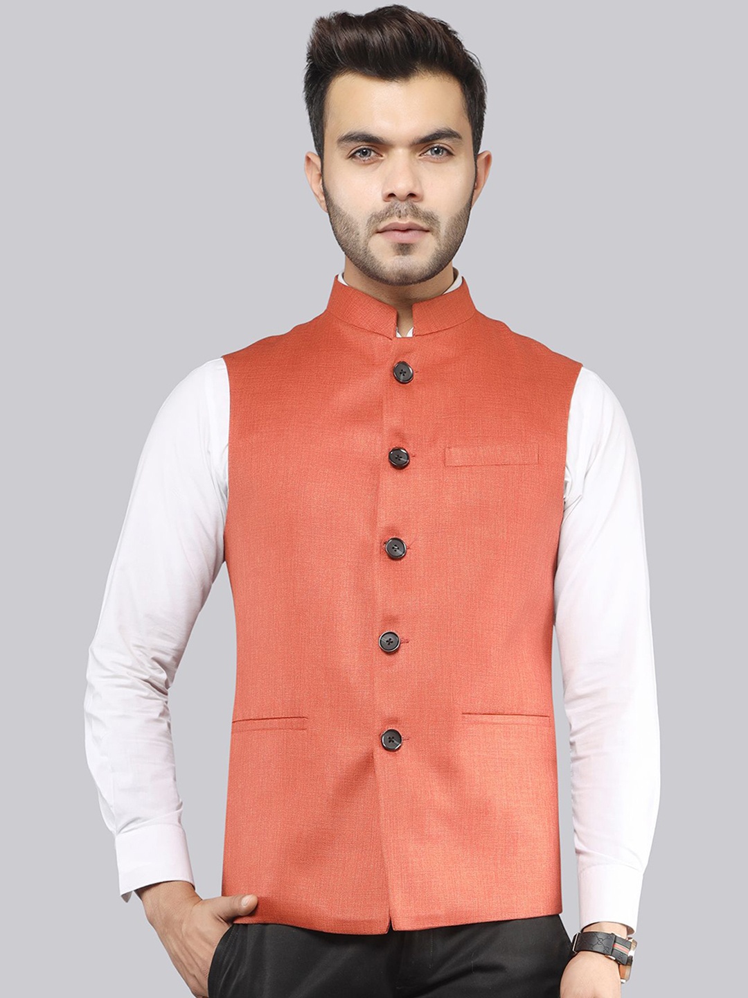 

LA'SCOOT Mandarin Collar Linen Nehru Jacket, Rust
