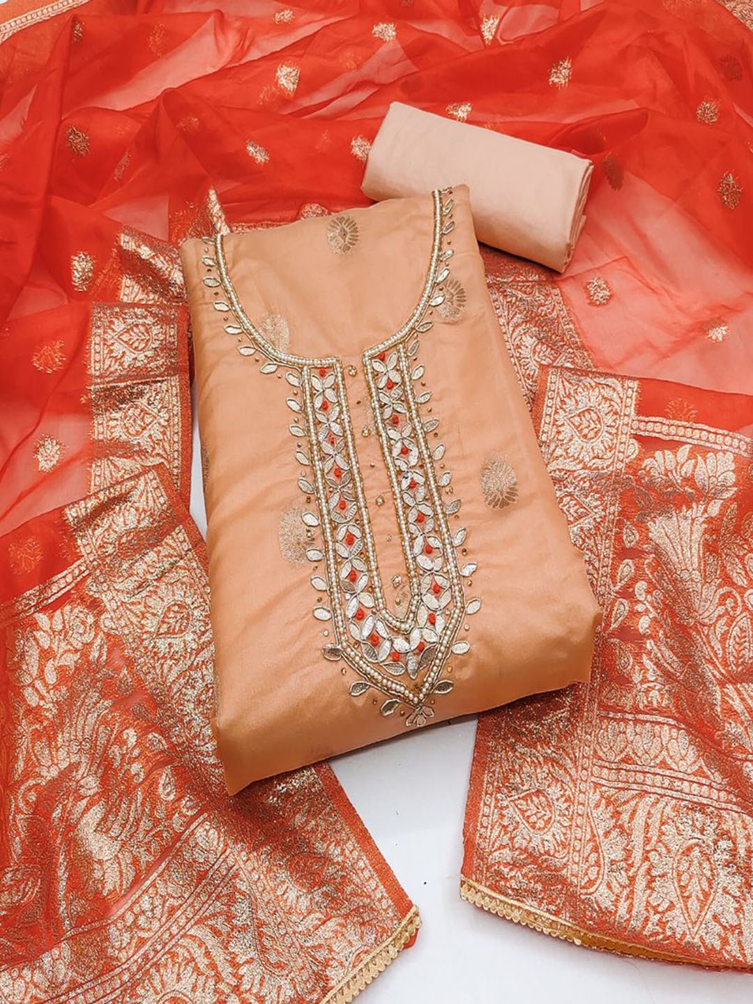 

ASISA Ethnic Motifs Embroidered Beads and Stones Organza Unstitched Dress Material, Peach