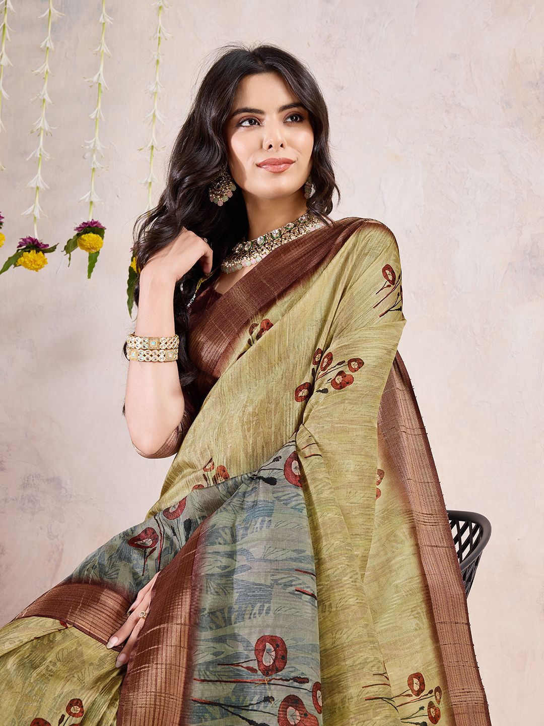 

Mitera Floral Printed Saree With Zari Border, Mustard