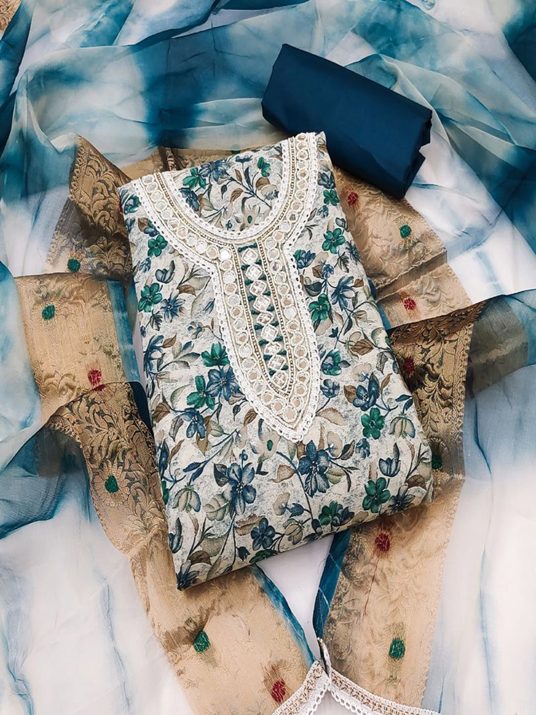 

ASISA Embroidered Mirror Work Unstitched Dress Material, Teal
