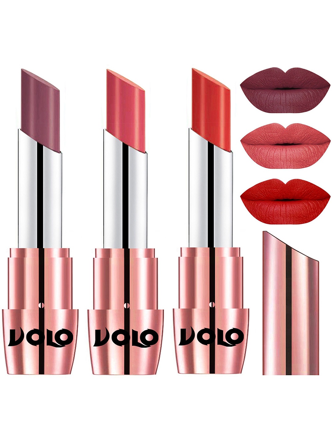 

VOLO Set Of 3 Creme Matte Lipstick- 3.5g- Plum- Orange- Dark Peach- 636-637-649, Pink
