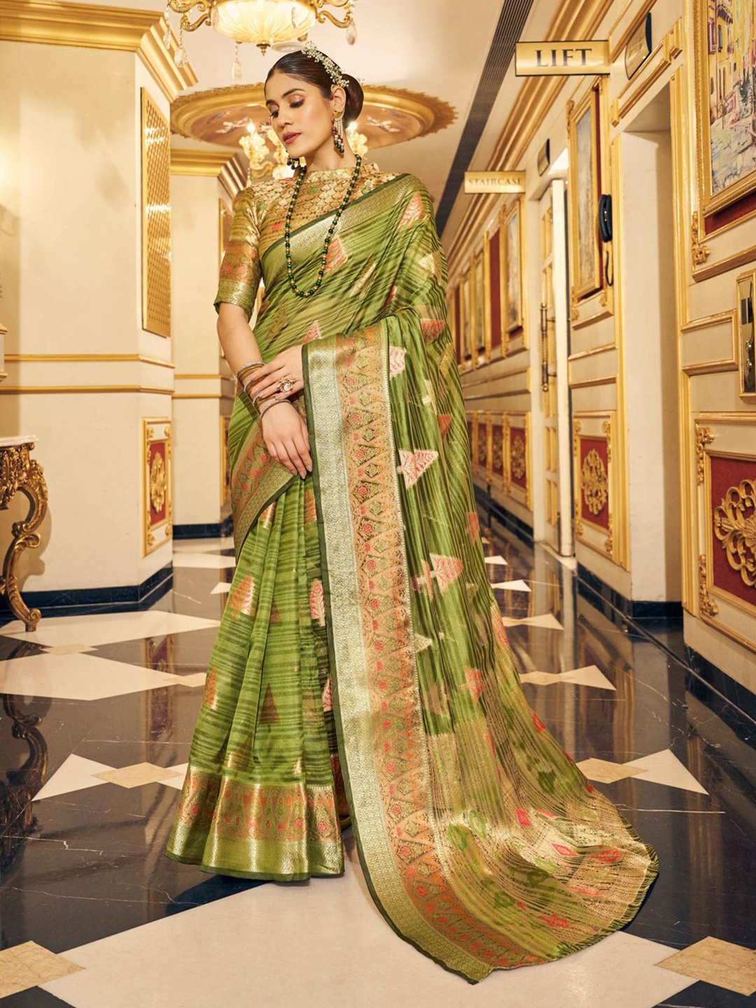 

Krimmple Woven Design Zari Organza Saree, Olive