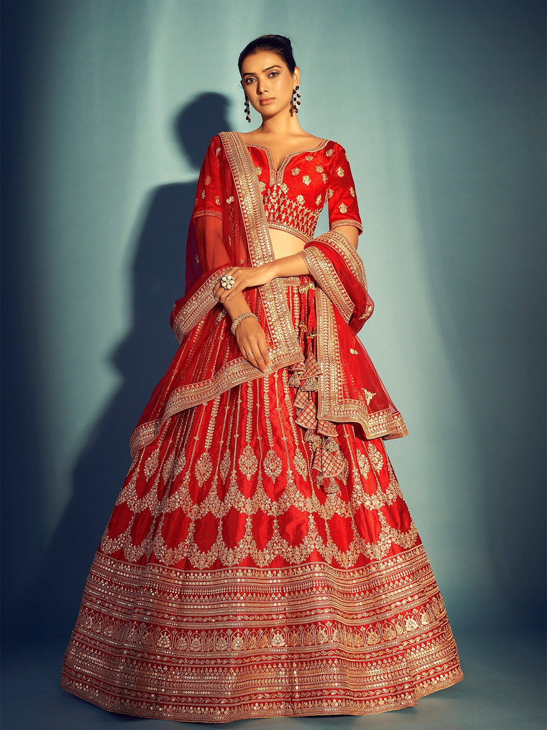 

JMS Studio Embroidered V-Neck Silk Ready to Wear Lehenga & Unstitched Blouse With Dupatta, Red