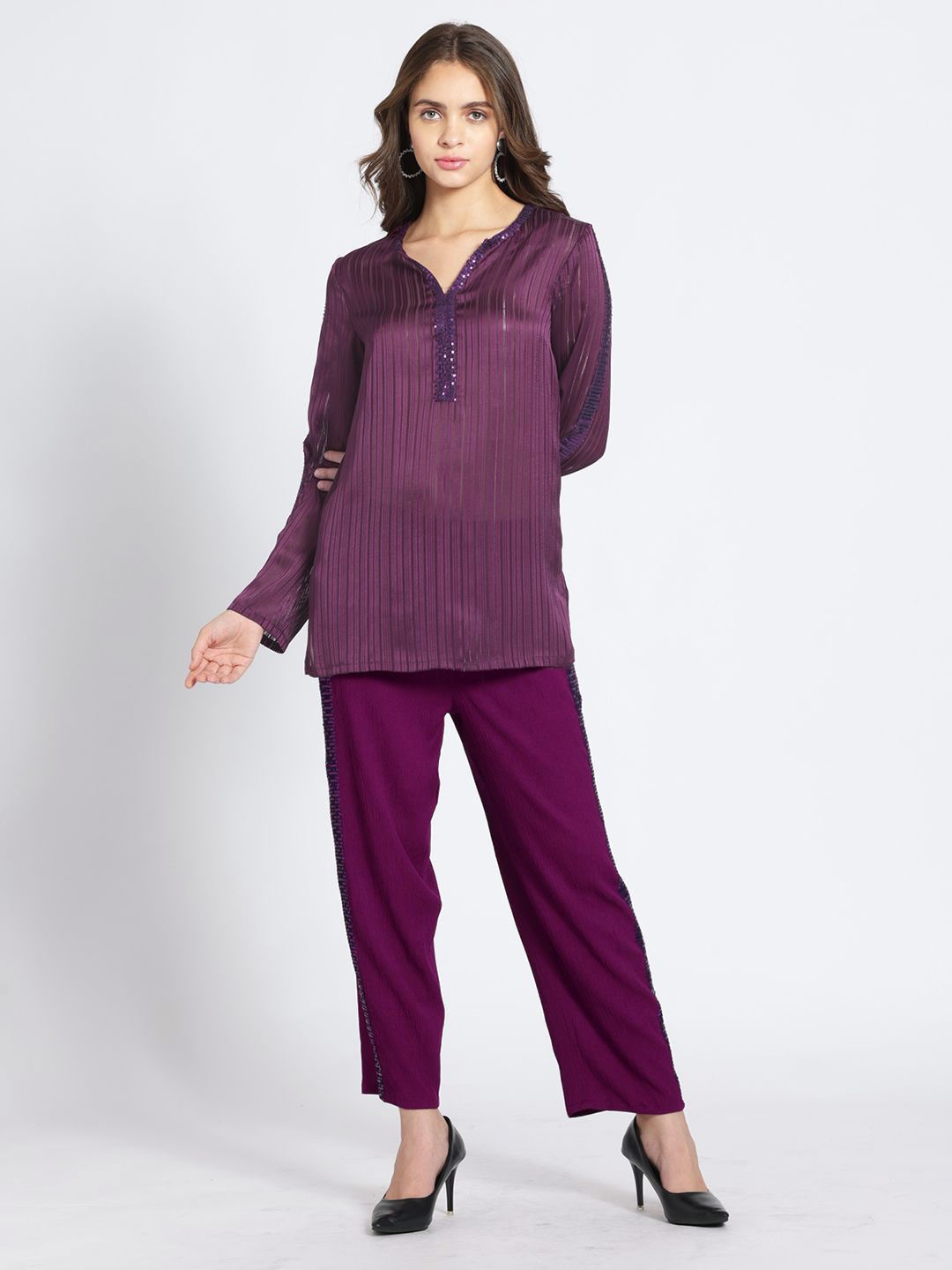 

SHAYE Striped V-Neck Tunic With Trousers, Purple