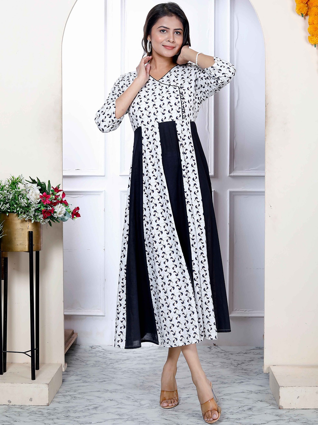 

MIRAVAN Floral Printed Cotton Fit & Flare Dress, White