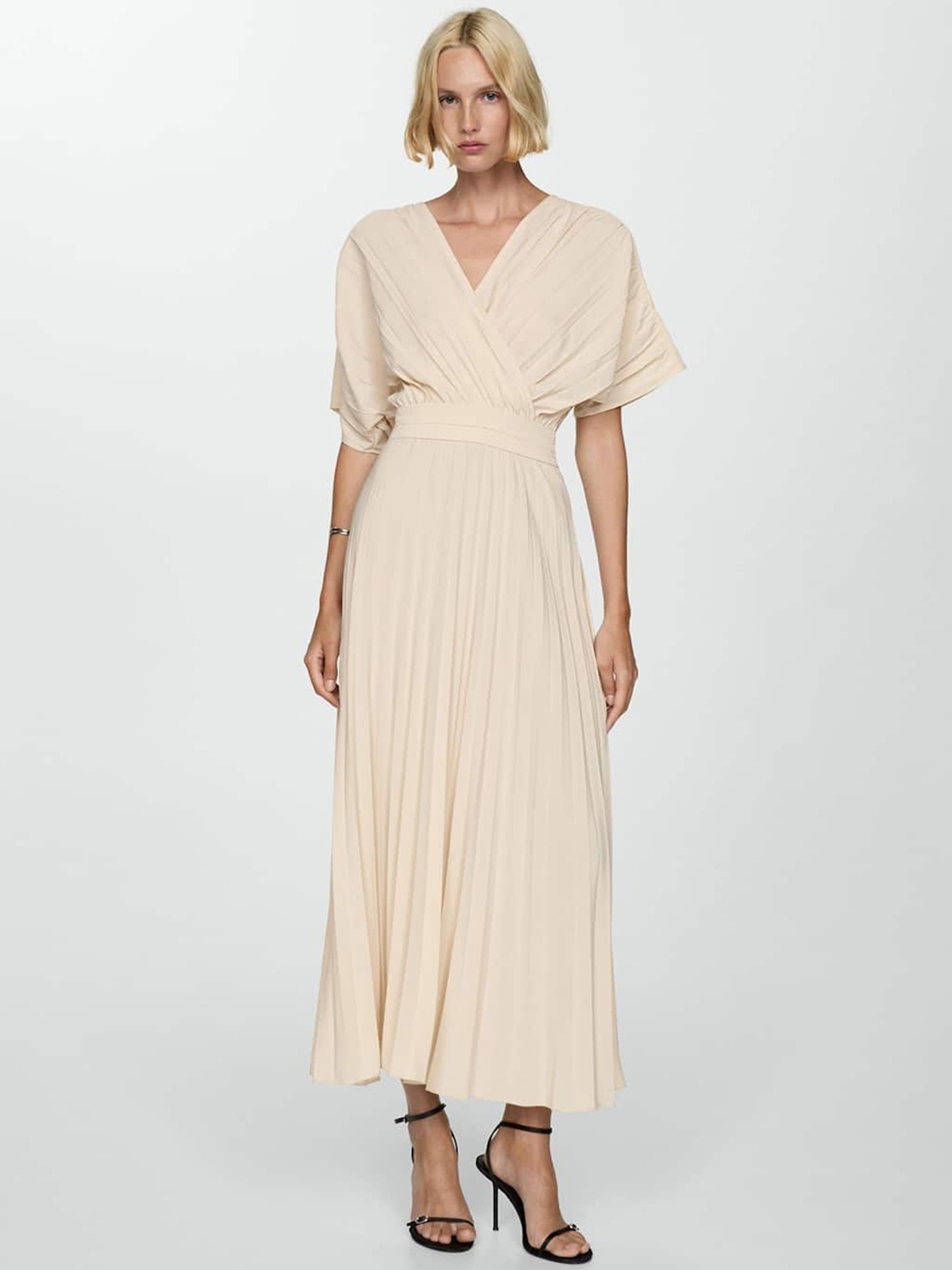 

MANGO Accordion Pleats Wrap Maxi Dress, Beige