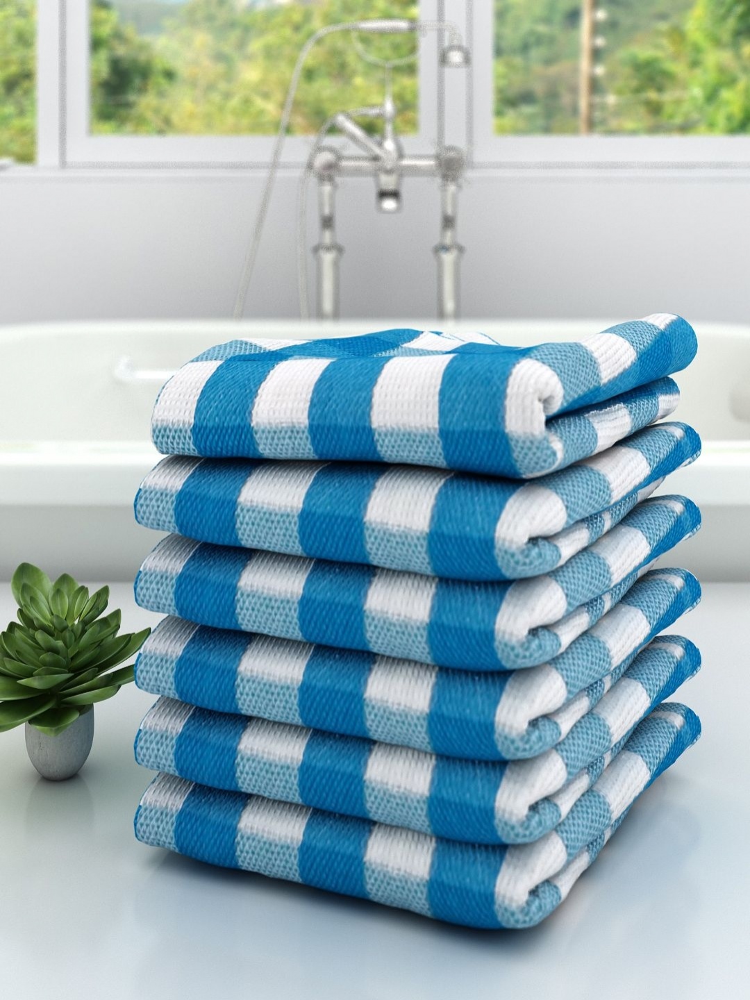 

Aura Blue & White 6 Pieces Striped Cotton 210 GSM Bath Towel