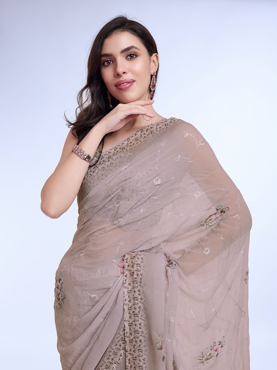 

Mitera Floral Embroidered Printed Border Saree, Cream