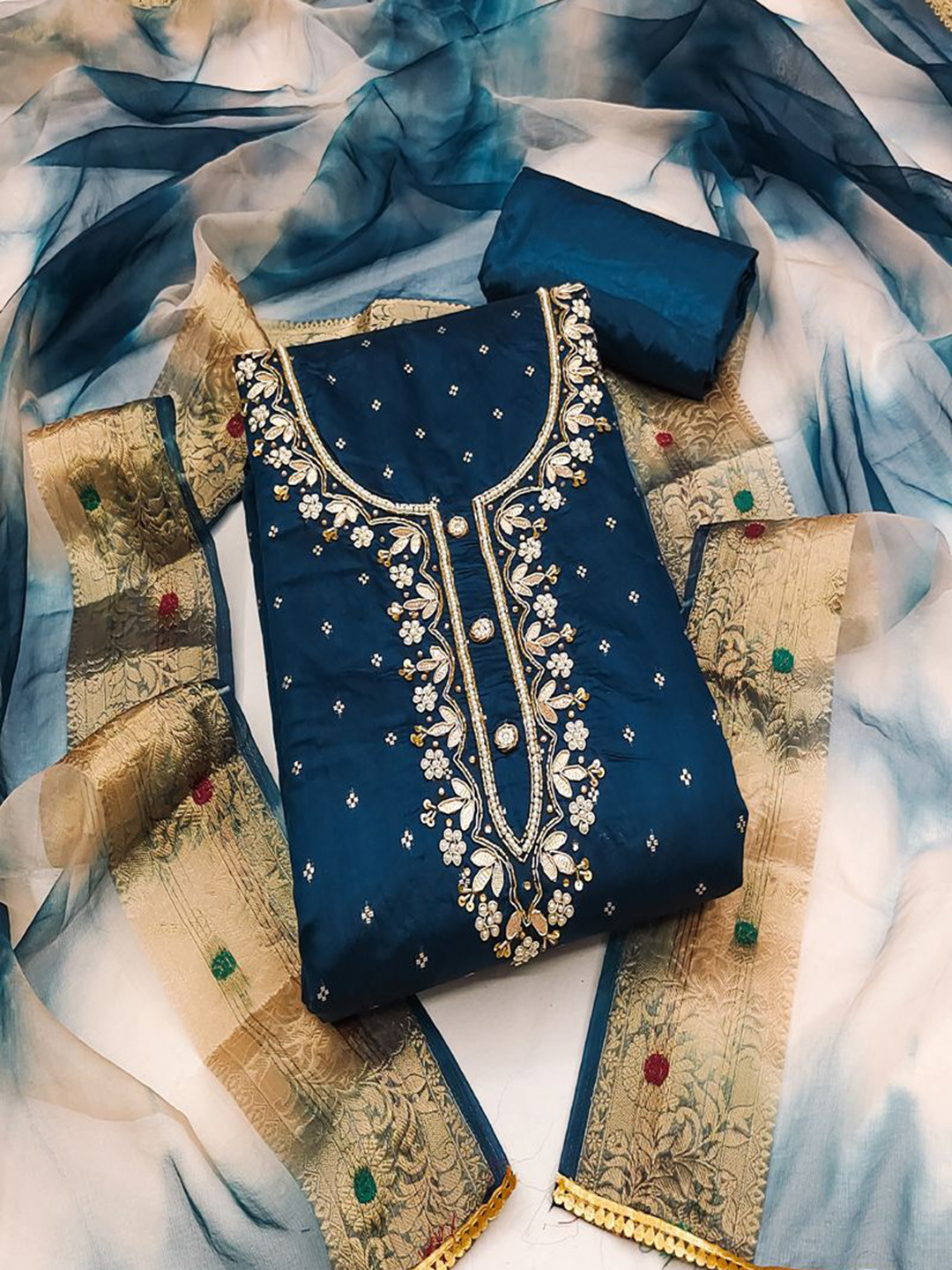 

ASISA Embroidered Art Silk Unstitched Dress Material, Navy blue