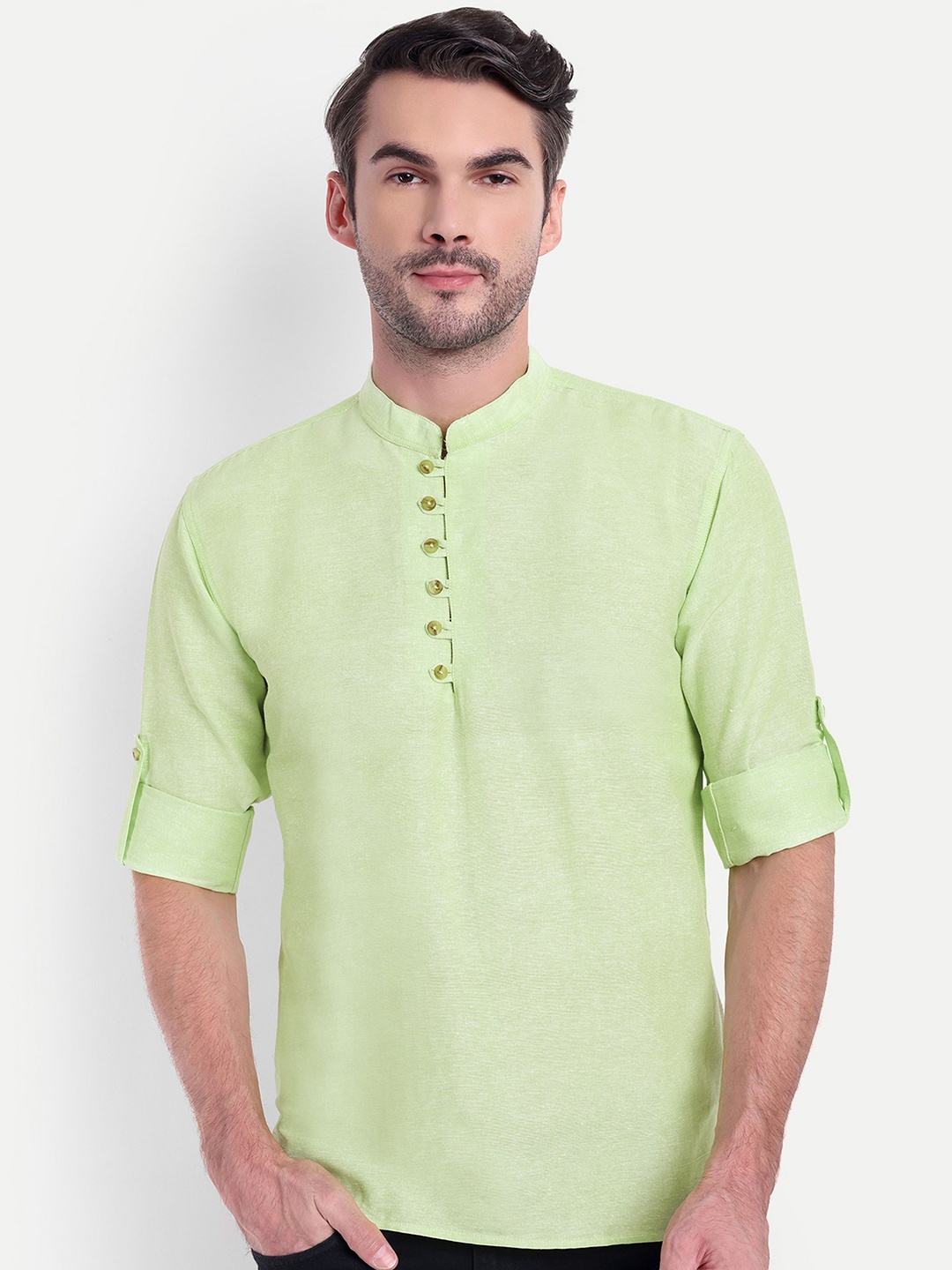 

Springberry Mandarin Collar Roll-up Sleeves Cotton Curved Kurta, Green