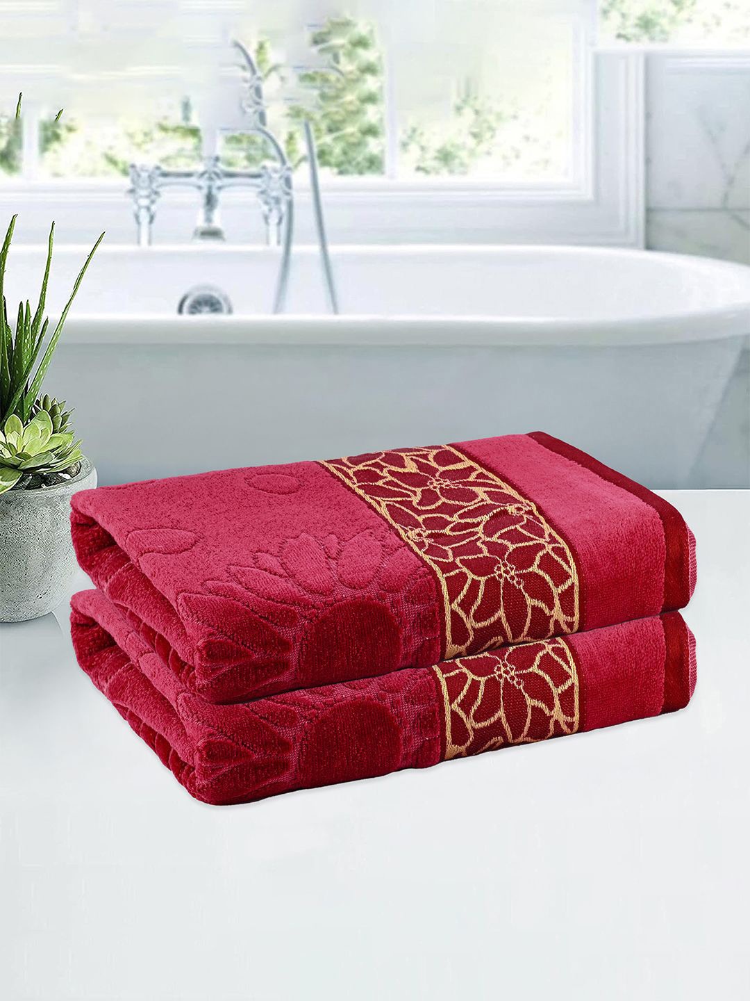 

Kuber Industries Maroon & Yellow 2 Pieces Printed Cotton 450 GSM Bath Towels