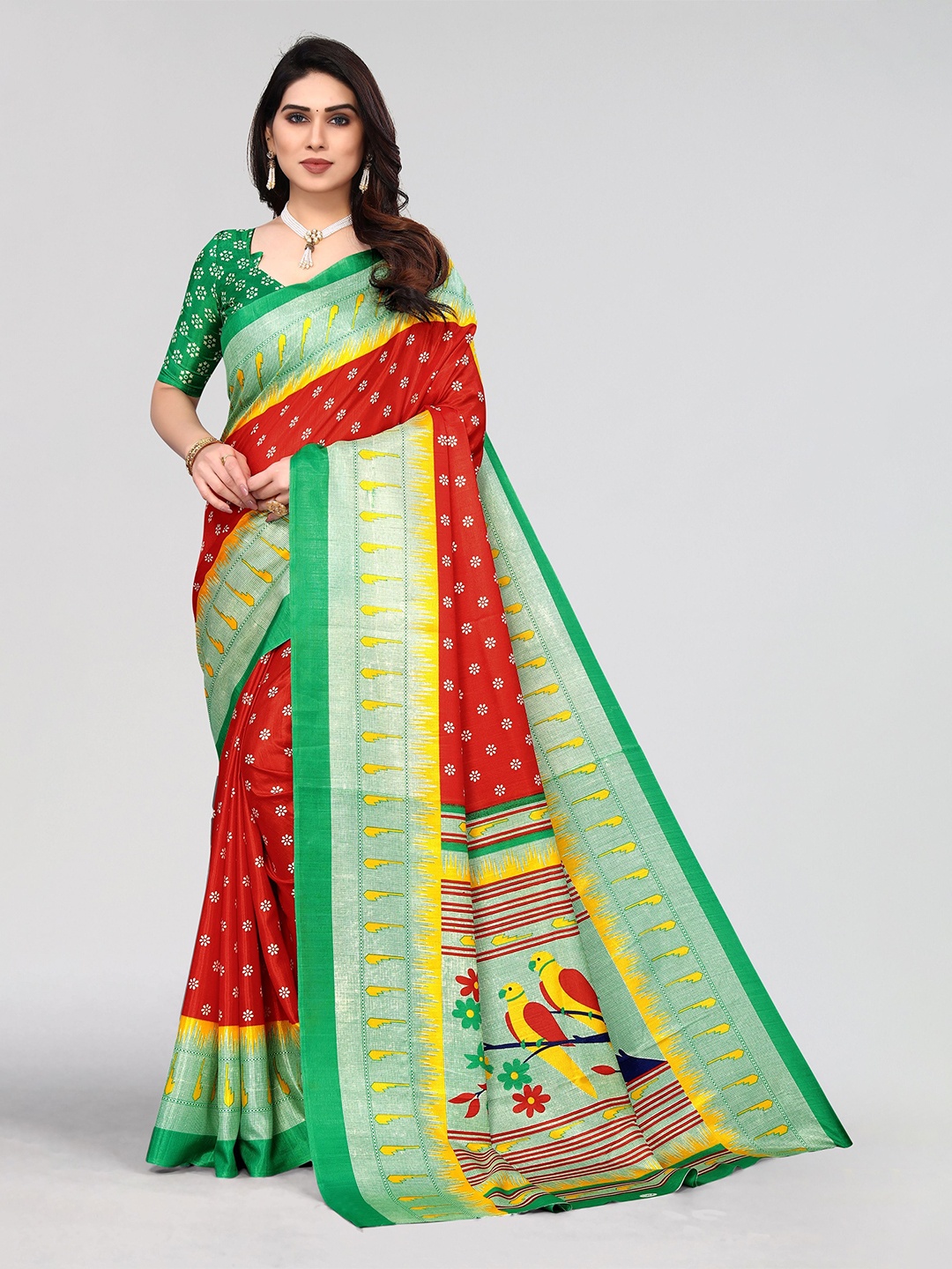 

VIRICA Floral Floral Printed Poly cotton festive Wear Saree, Red