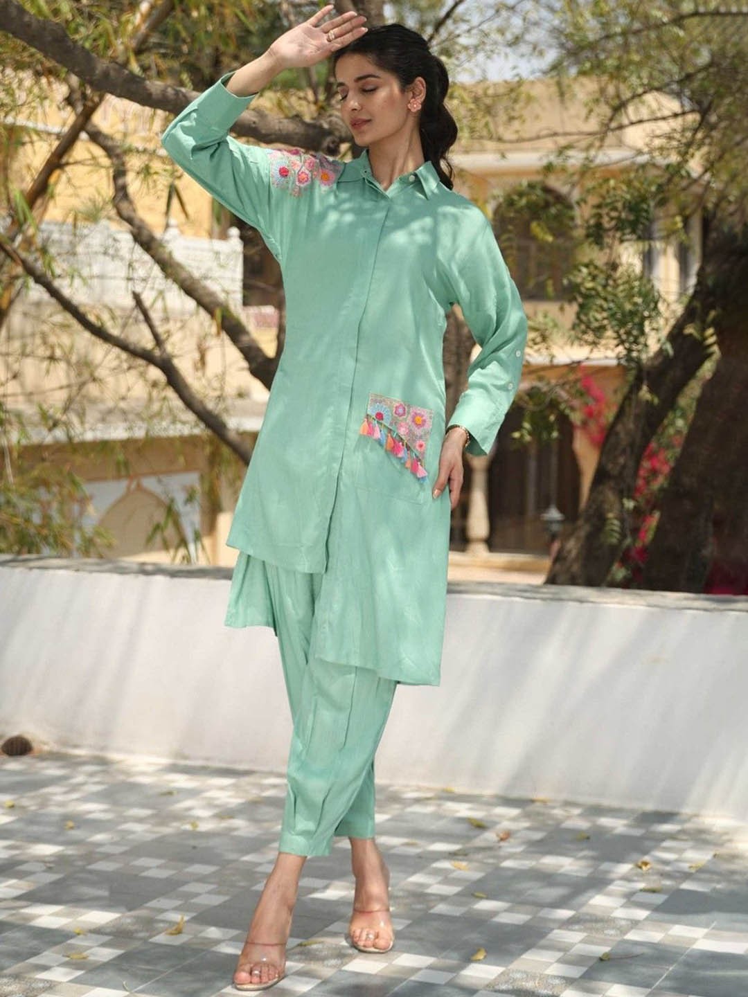

AUTUMN LANE Floral Embroided Bell Sleeves Pure Cotton Tunic with Trousers, Blue