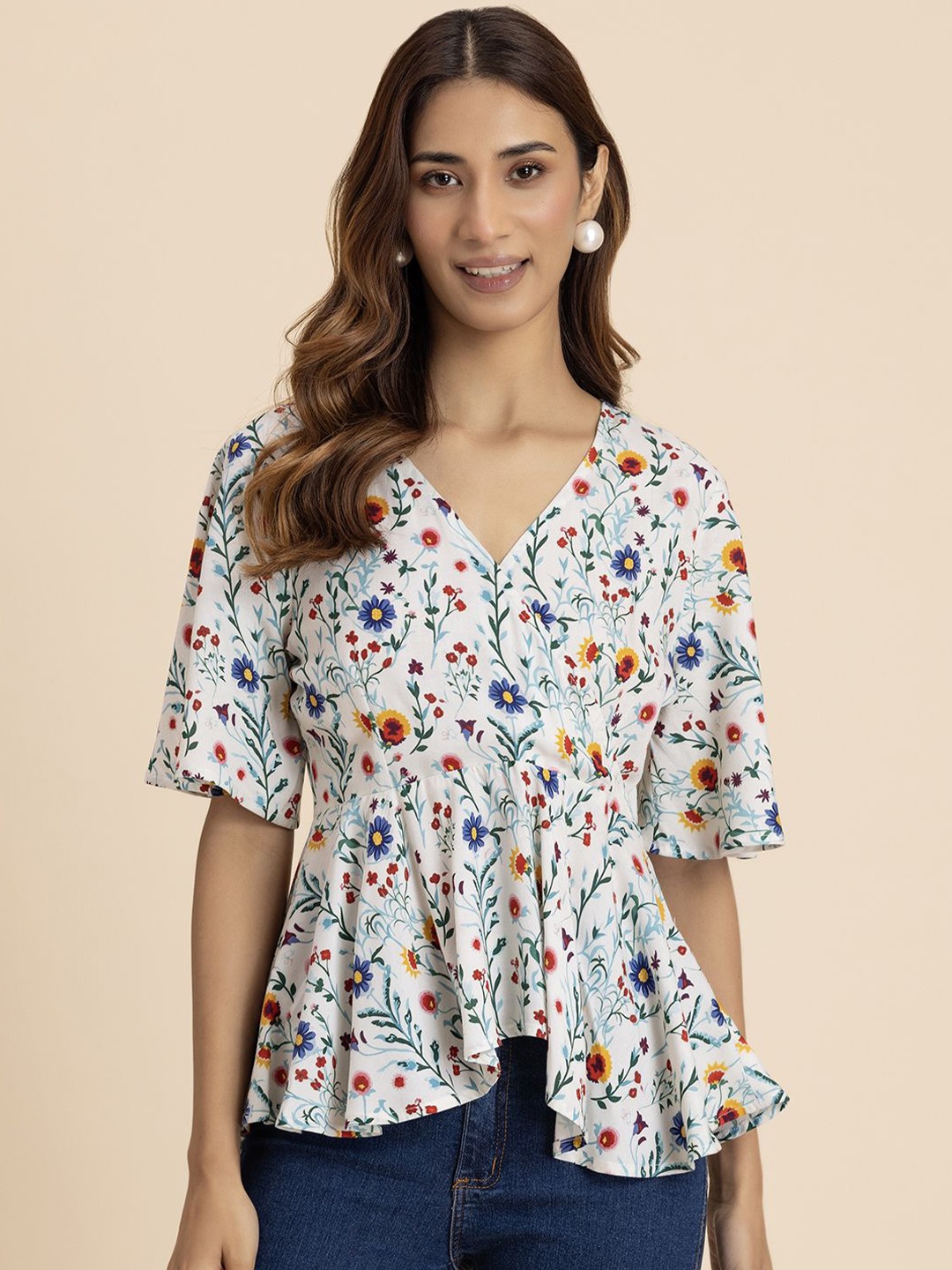 

Moomaya Women Floral Printed V-Neck Top, White