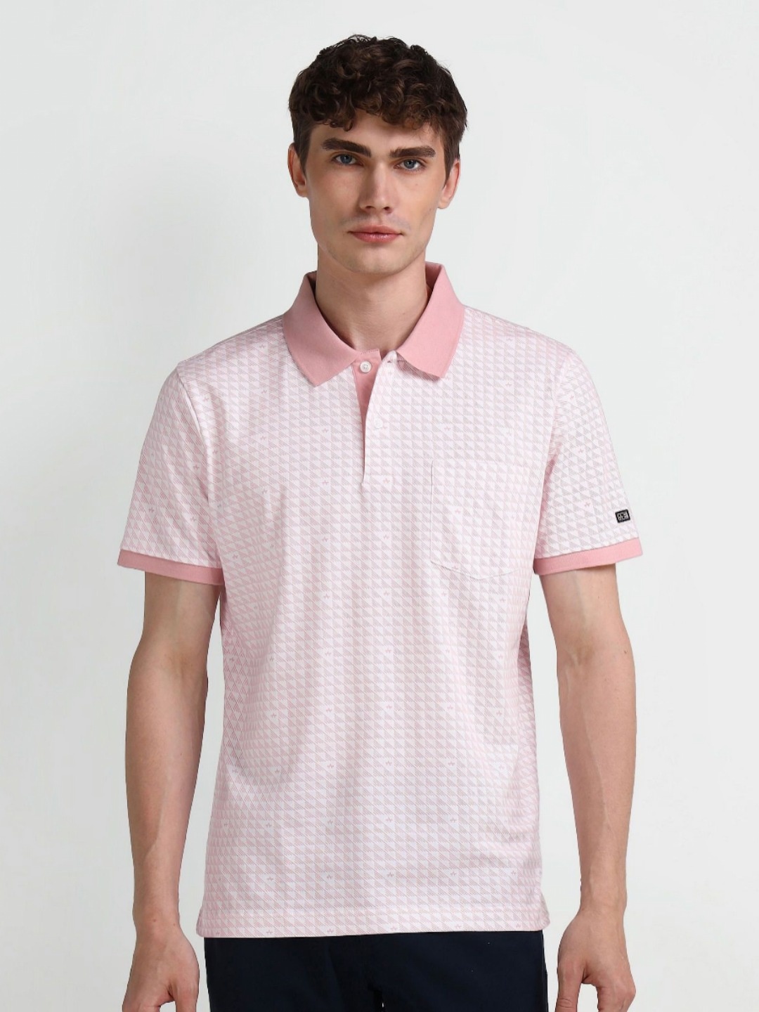 

Arrow Sport Men Geometric Printed Polo Collar Cotton T-shirt, Pink