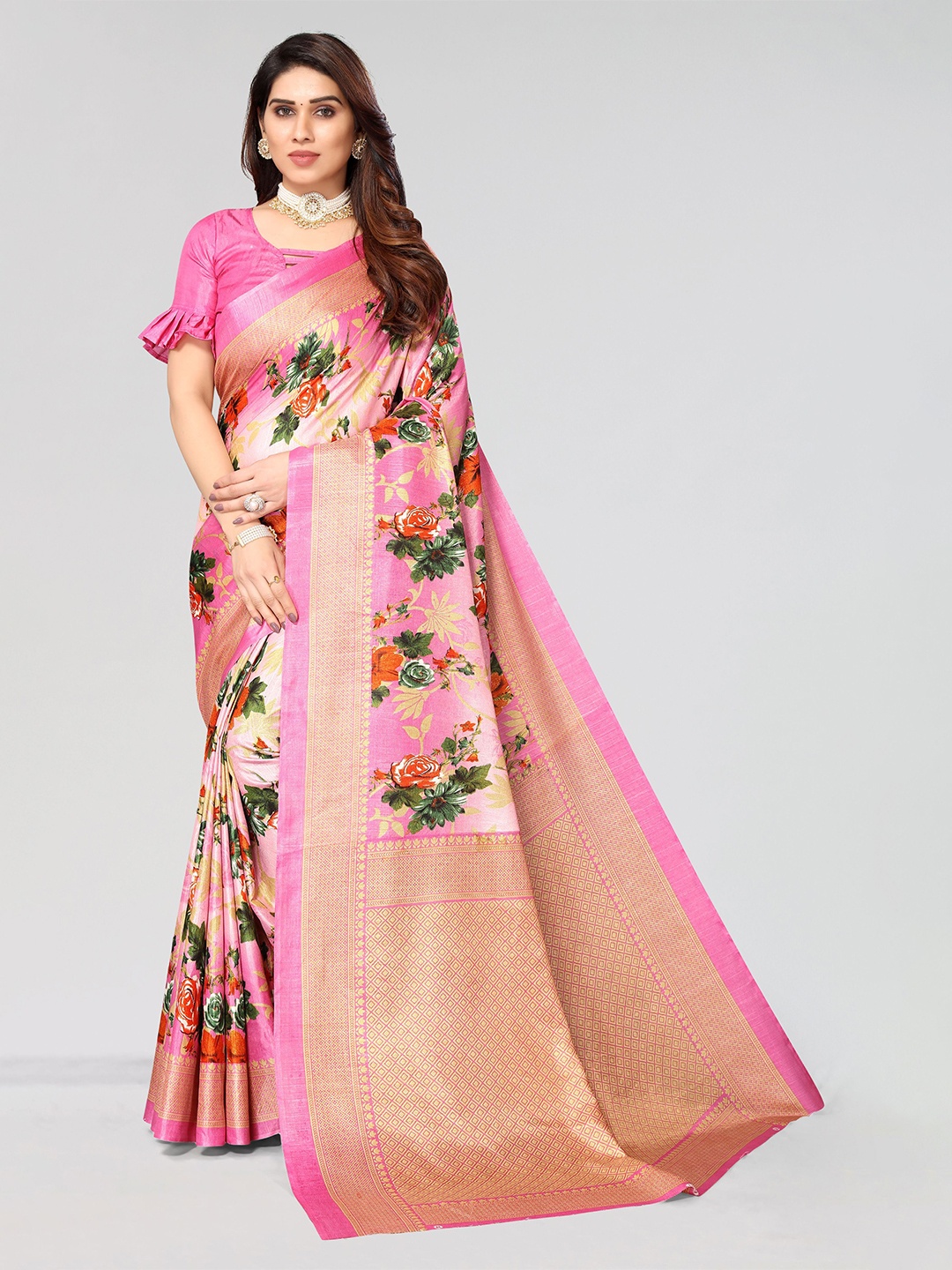 

VIRICA Floral Printed Saree, Pink