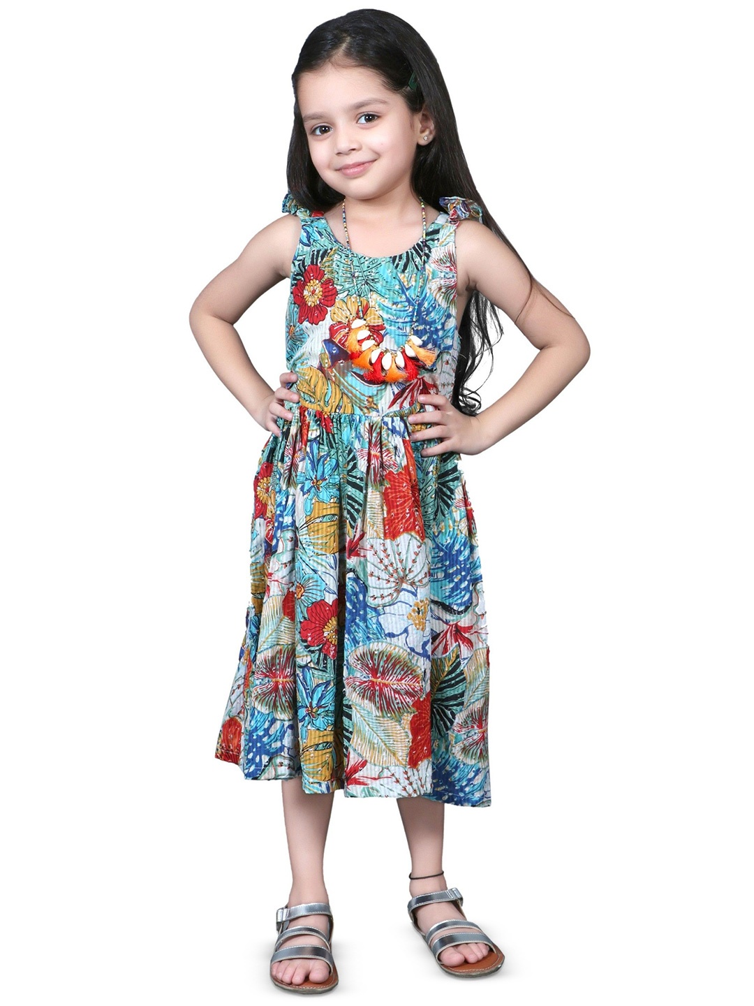 

EthIndia Girls Floral Printed Fit & Flare Dress, Blue