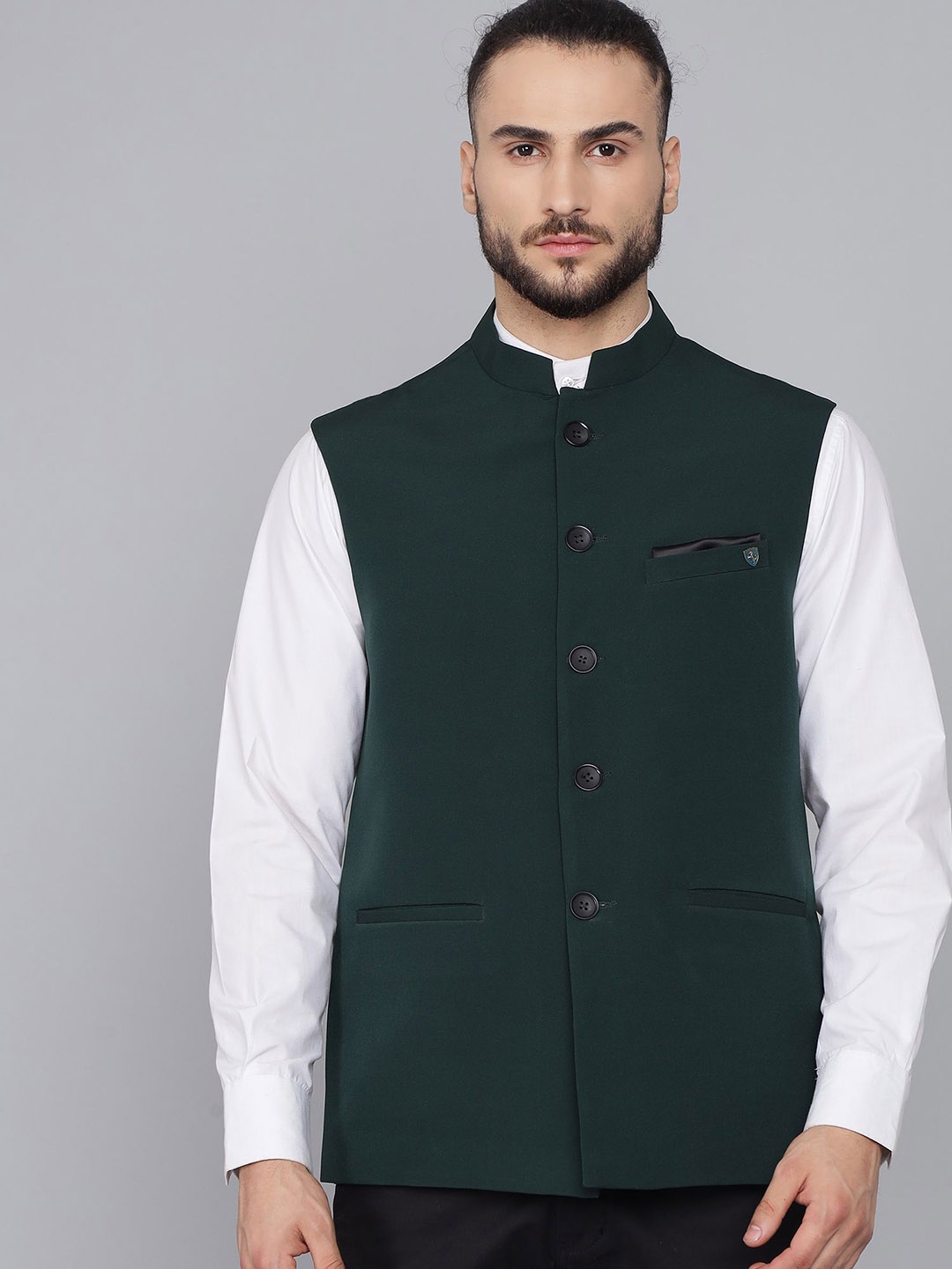 

LA'SCOOT Mandarin Collar Woven Nehru Jacket, Green
