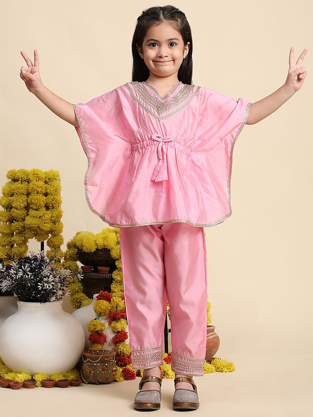 

Cutiekins Girls V-Neck Gotta Patti Kaftan Kurta With Salwar, Pink
