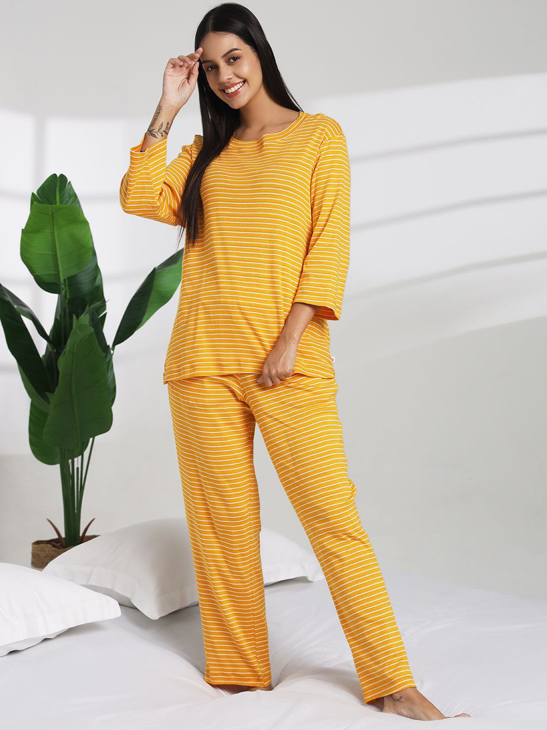 

Bannos Swagger Women Striped Night suit, Yellow