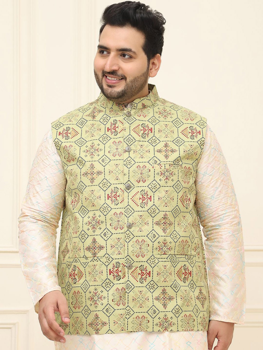 

SOJANYA PLUS Men Printed Mandarin Collar Cotton Linen Nehru Jacket, Beige
