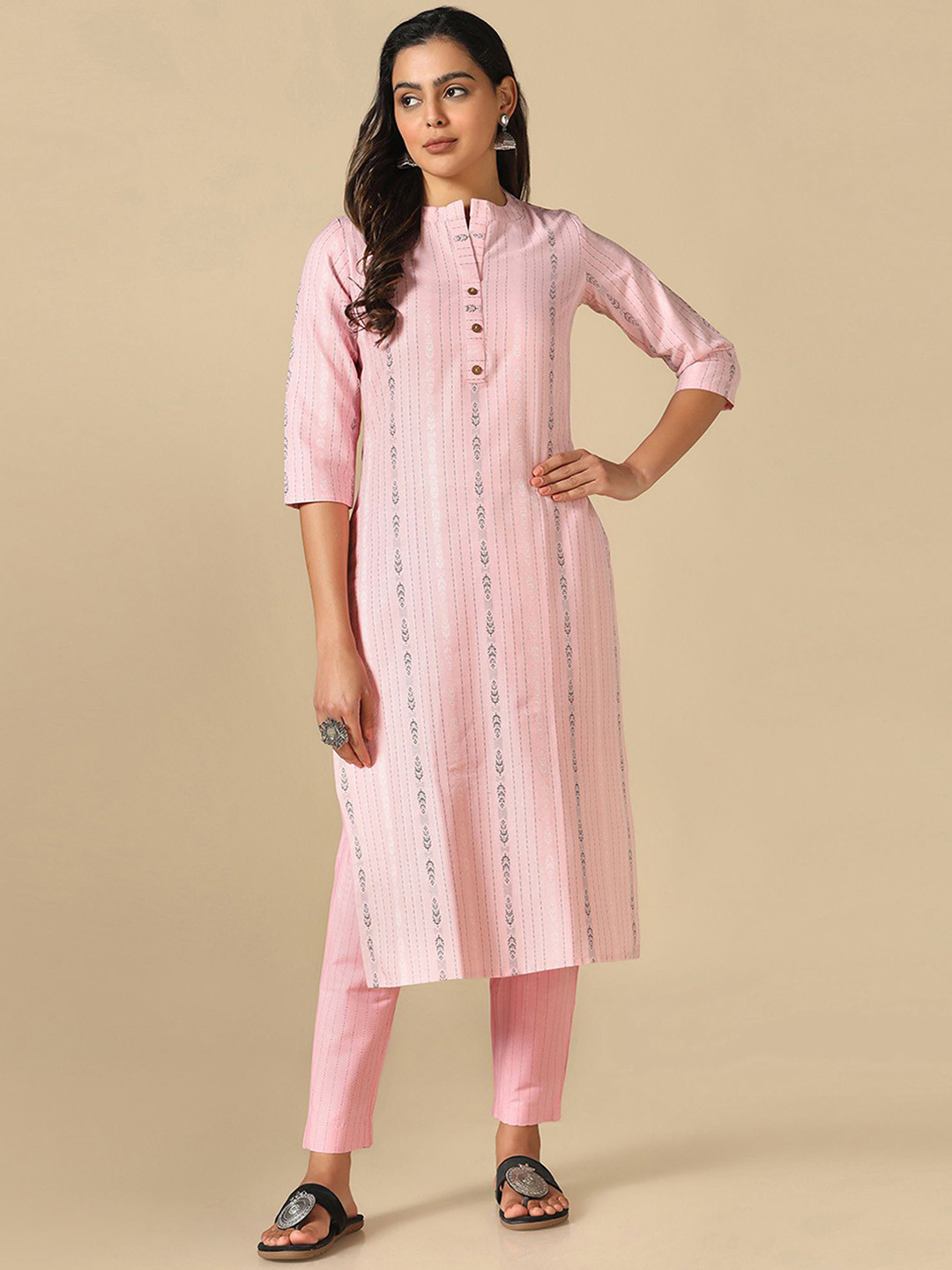 

KALINI Striped Mandarin Collar Straight With Trousers, Pink